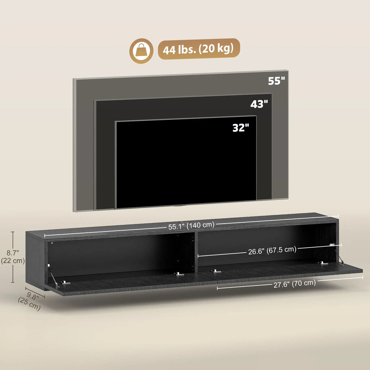 55 Inch Floating TV Stand, Wall Mount Media Console, 2 Fluted Doors, Black TV Stands at Gallery Canada