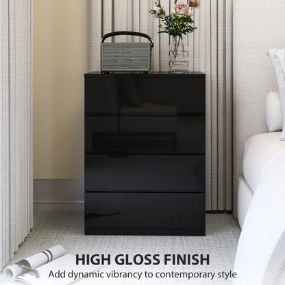 Armoire 4 tiroirs, Coffre haut brillant avec coulisses métalliques, Noir