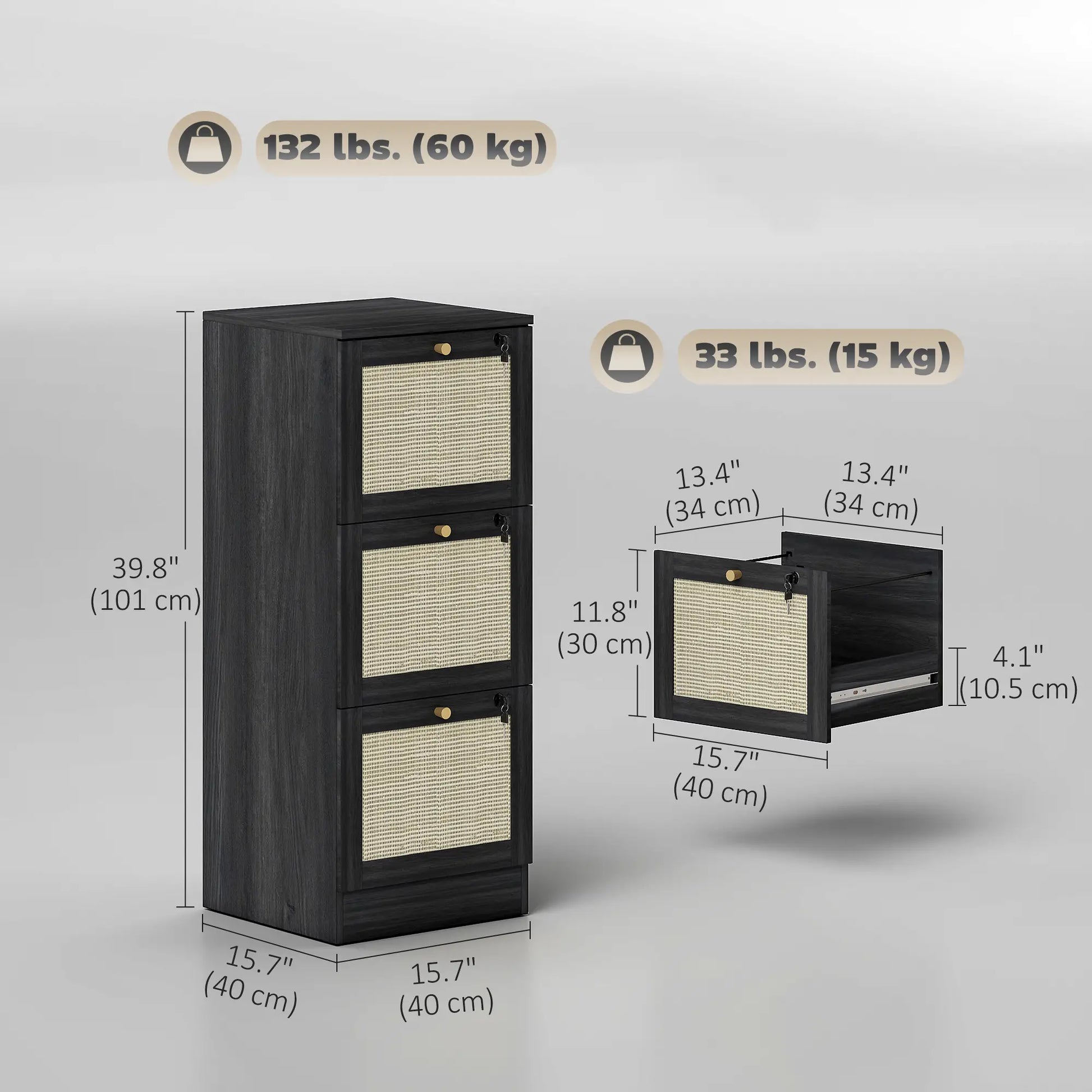 3 Drawer Filing Cabinet with Lock, Boho Style, A4 Letter Size, Black Office Cabinets & Cupboards at Gallery Canada