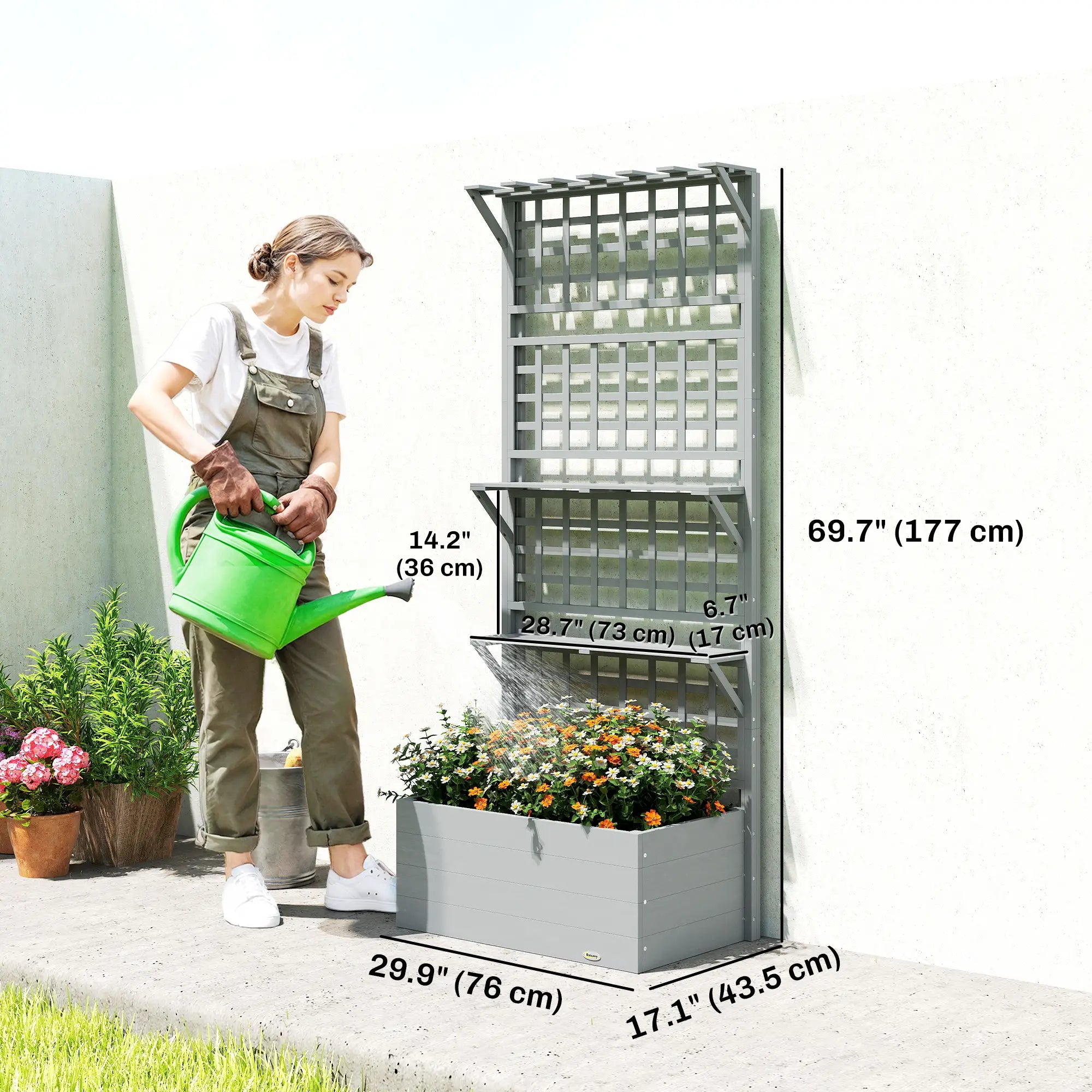 Wooden Raised Garden Bed With Trellis, Roof, 2 Shelves, Grey Wooden Planter Boxes at Gallery Canada