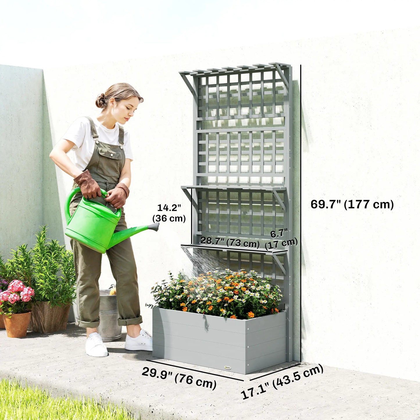 Wooden Raised Garden Bed With Trellis, Roof, 2 Shelves, Grey Wooden Planter Boxes at Gallery Canada
