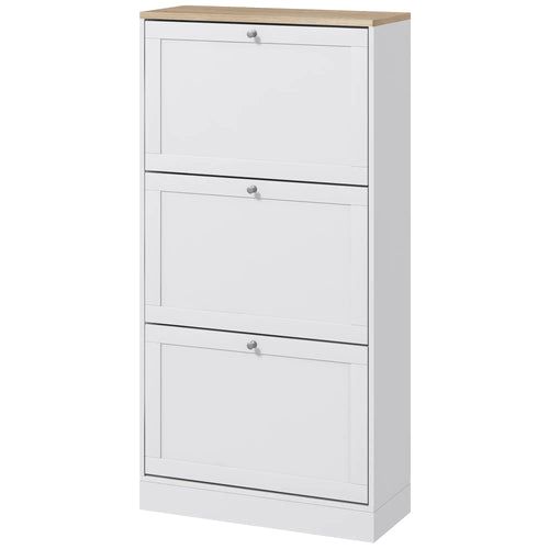 Modern Shoe Storage, 3 Flip Drawers, Adjustable Shelves, 18 Pairs, White