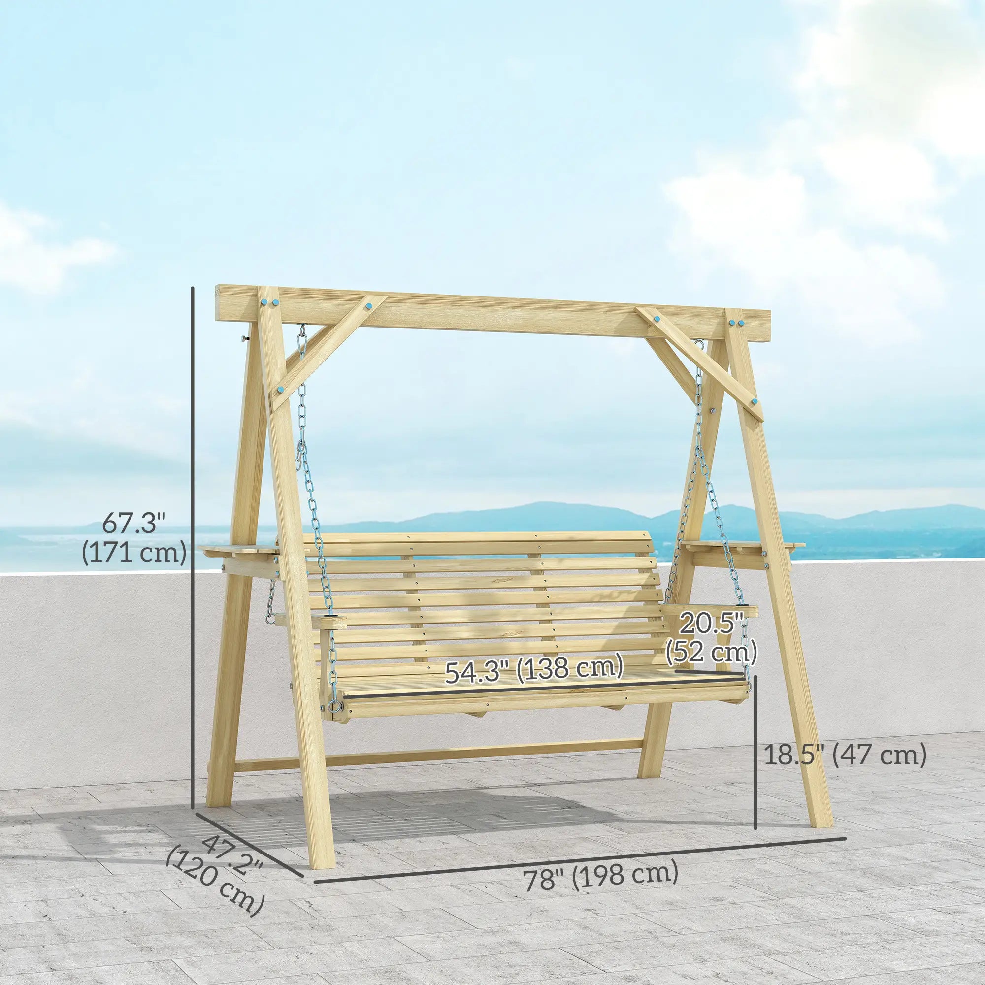 3 Seat Wooden Porch Swing With Stand, Natural Wood Patio Swings with Stand at Gallery Canada