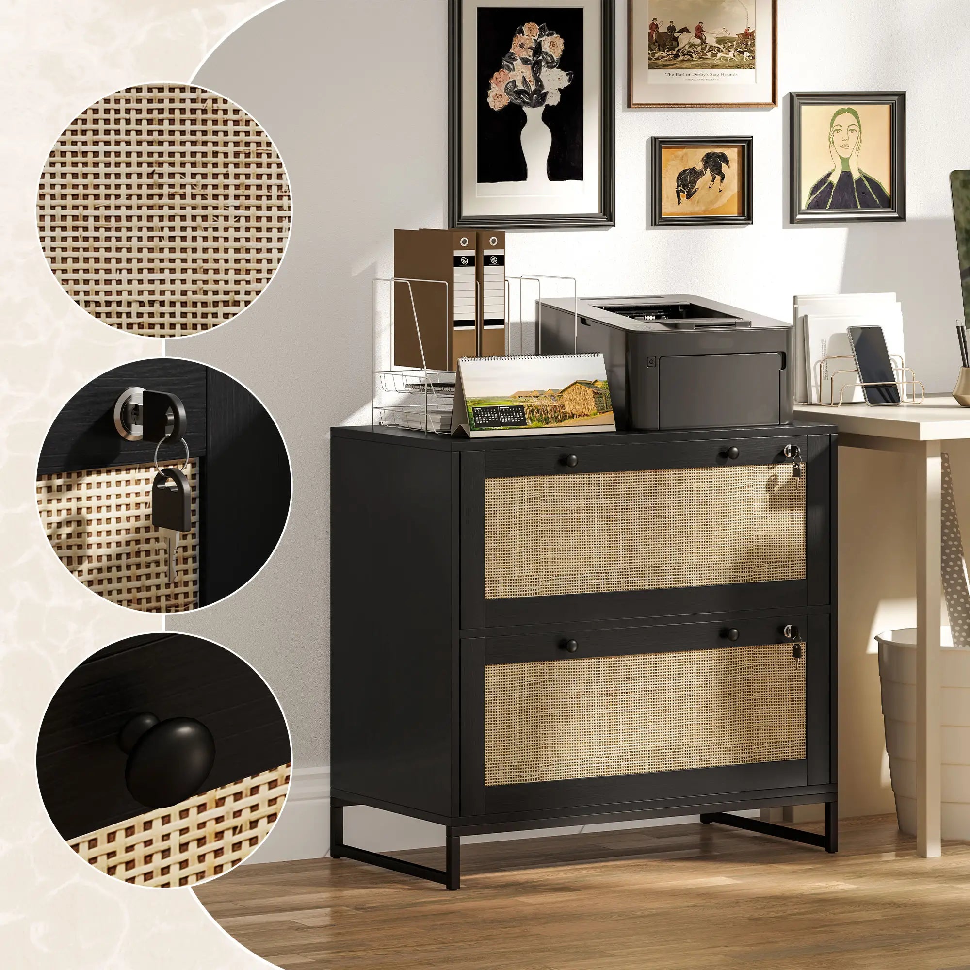 2-Drawer Filing Cabinet with Lock, Rattan, Adjustable Hanging Bar, Black Office Cabinets & Cupboards at Gallery Canada