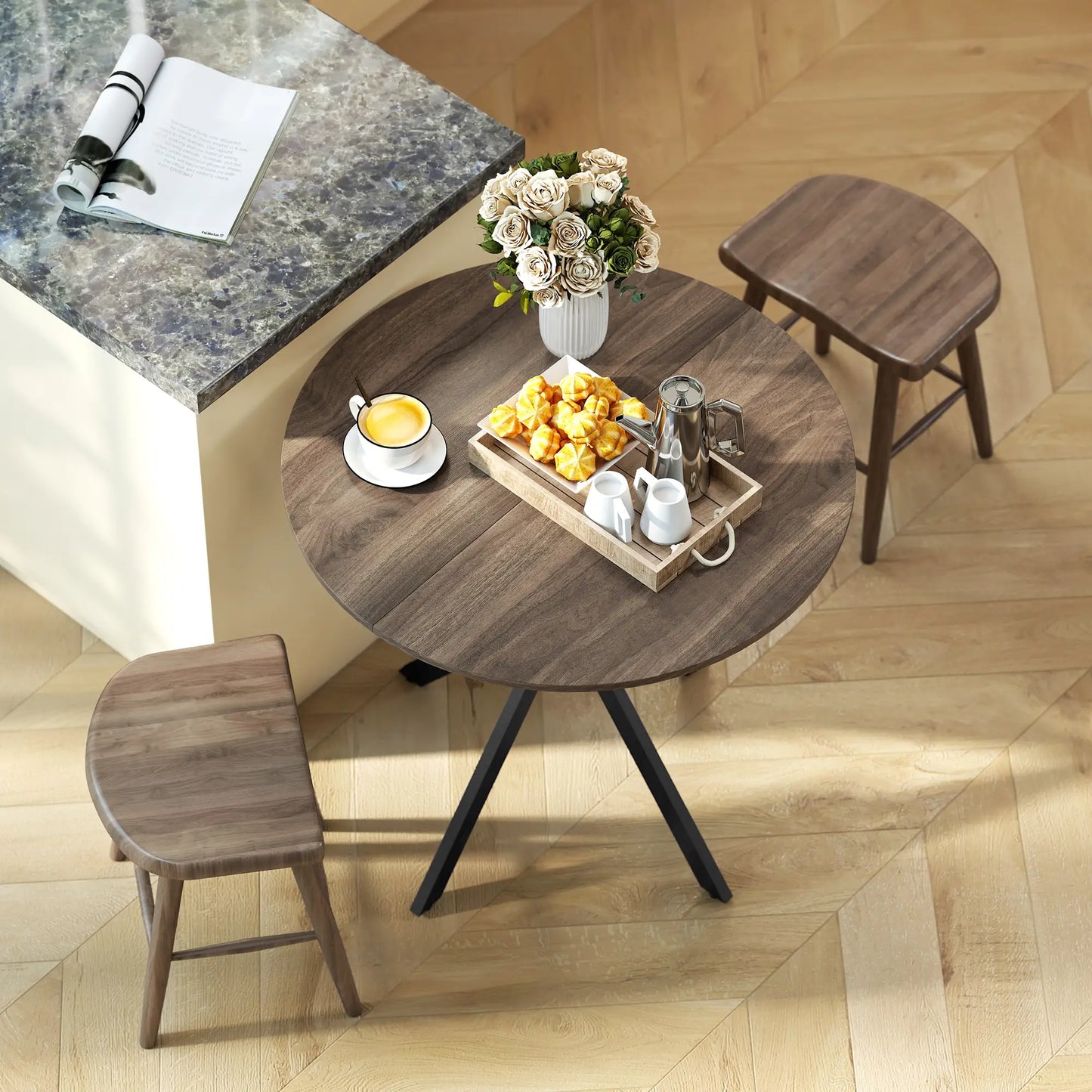 31.5" Industrial Round Dining Table, Distressed Dark Brown, Dark Brown Dining Tables at Gallery Canada
