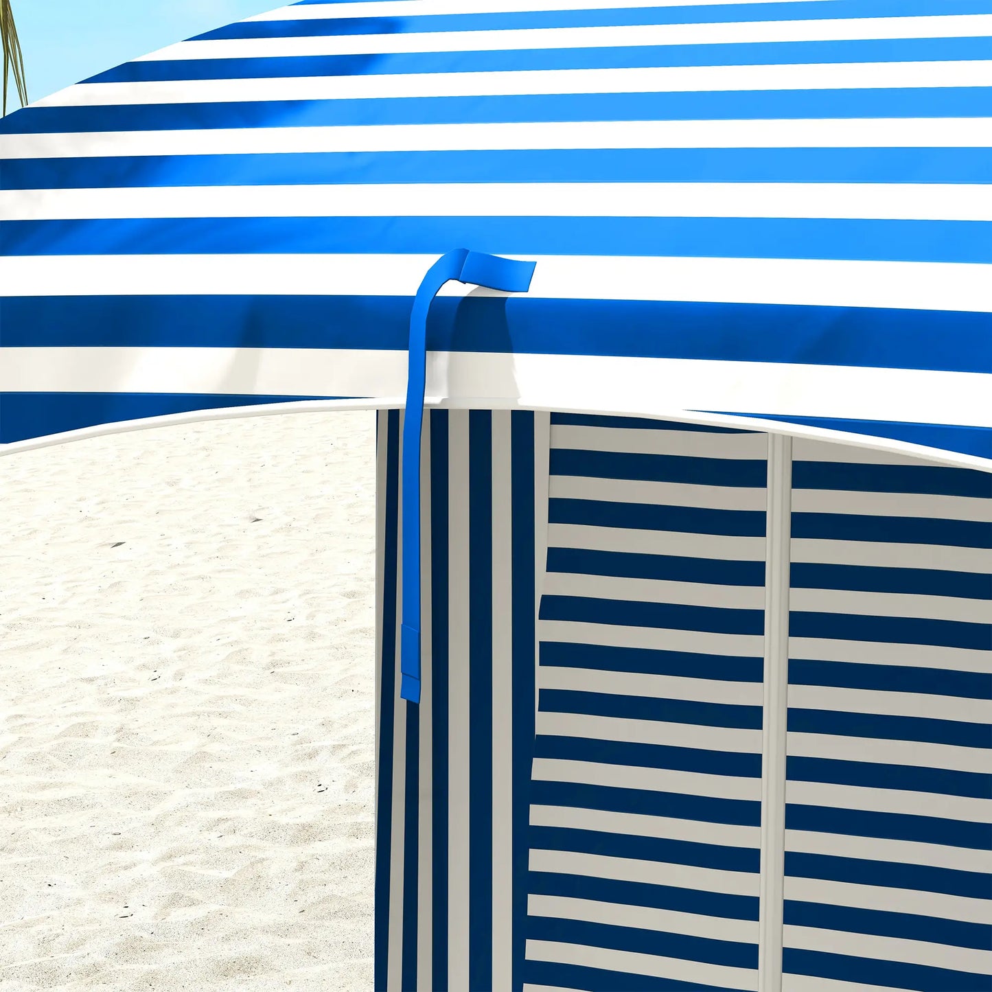 70.1" L x 70.1" W Cabana Umbrella With Walls, Vents, Ruffles, Carry Bag, Blue White Stripe