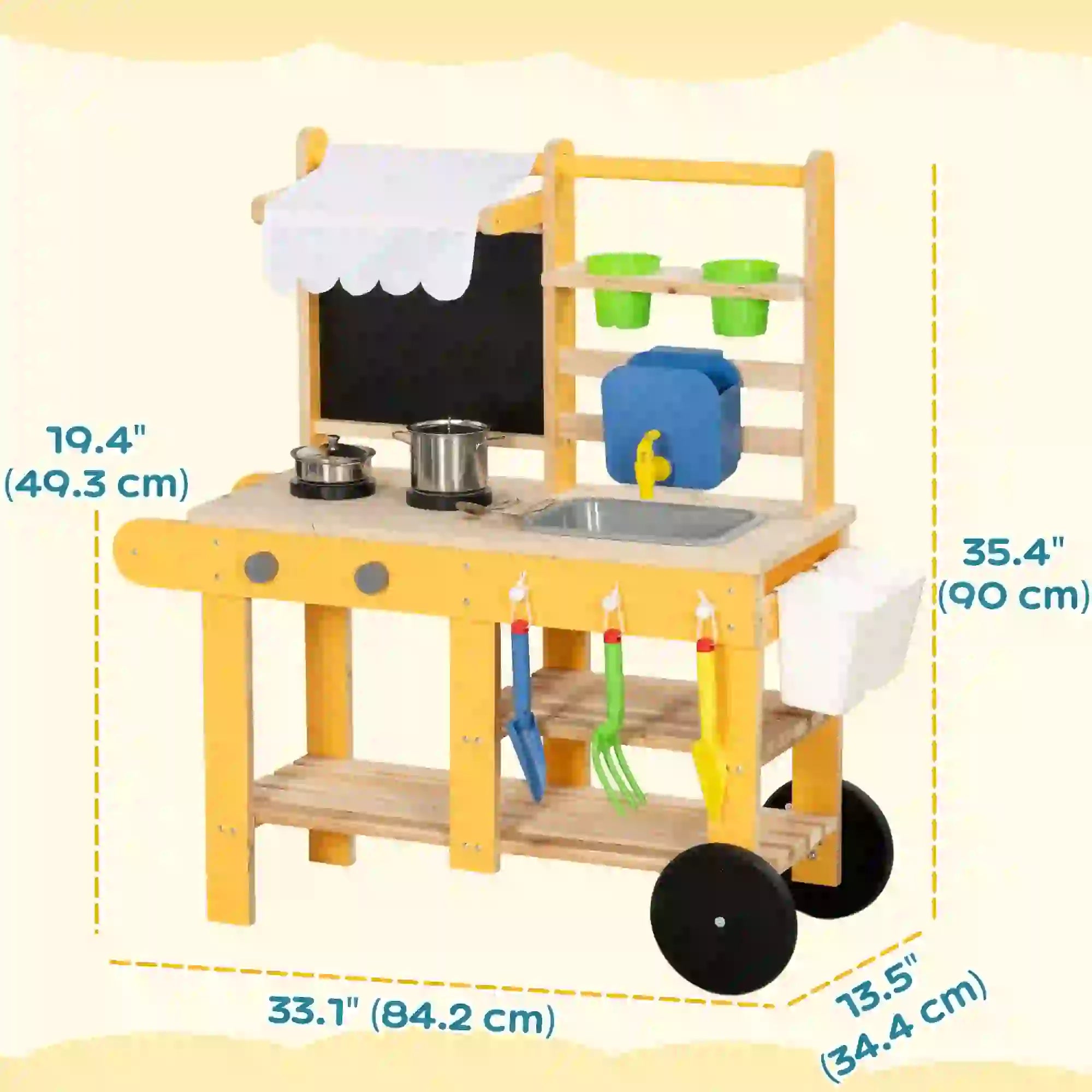 Kids Mud Kitchen With Wheels, Wooden Play Kitchen With Sink, Storage, Planting Pots, Blackboard, Yellow Play Kitchen at Gallery Canada
