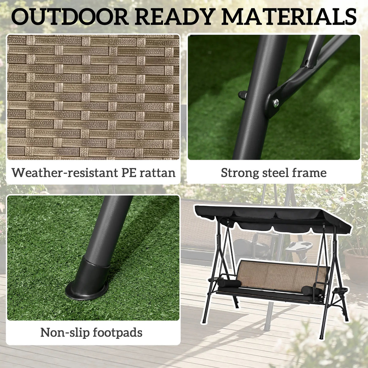 Outdoor 3-Seat Porch Swing, Rattan Seat, Removable Cushion Patio Swings with Stand at Gallery Canada
