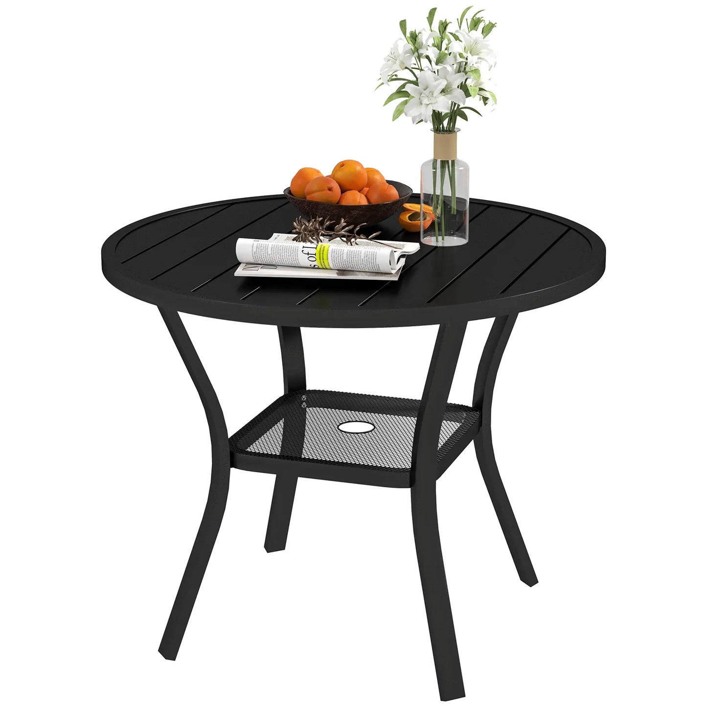 35.5" Round Outdoor Dining Table, Metal Patio Table With Umbrella Hole, Black Patio Dining Tables Black at Gallery Canada