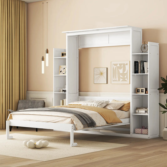 Murphy Bed with Shelves, LED Lights, 97.5" L x 84.5" W x 88.5" H, White Bed Frames White at Gallery Canada