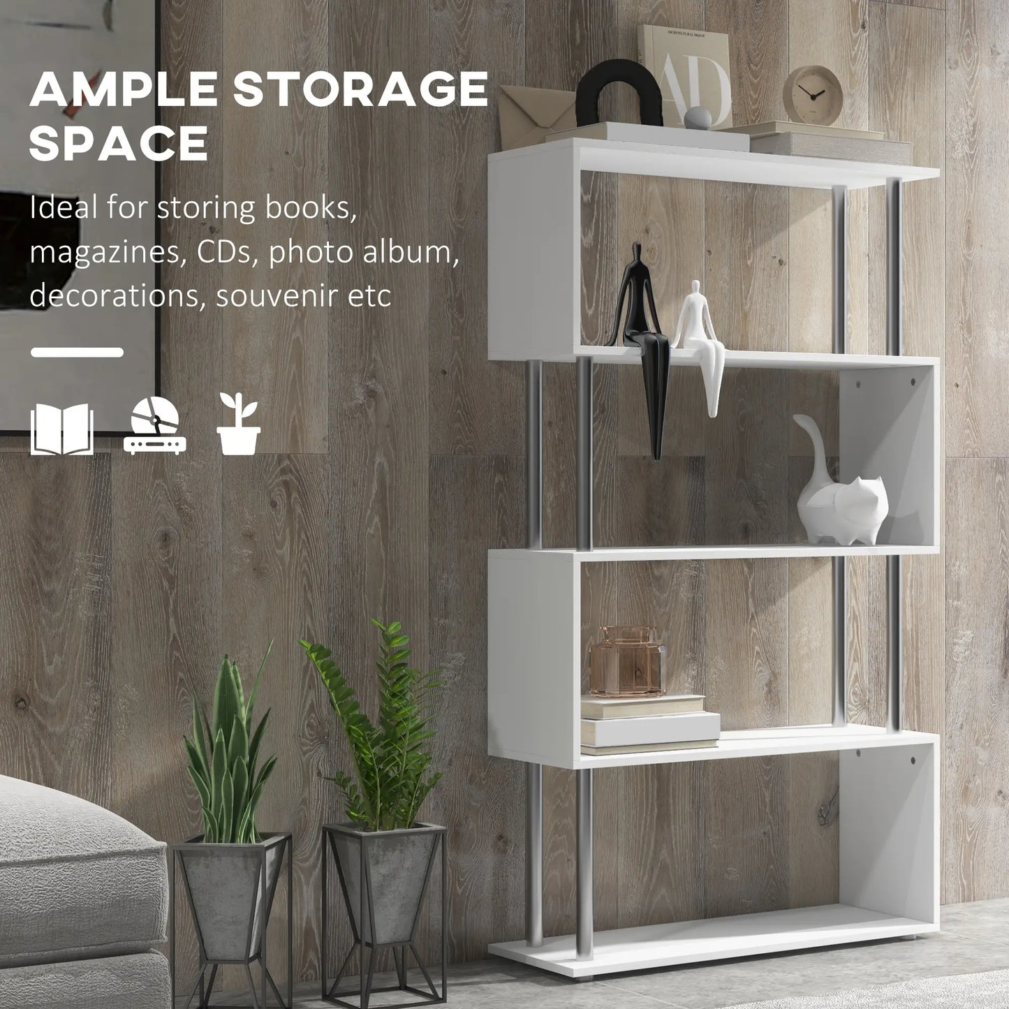 5-Tier Geometric Wooden Bookcase, S-Shaped Storage, White Display Bookshelves at Gallery Canada