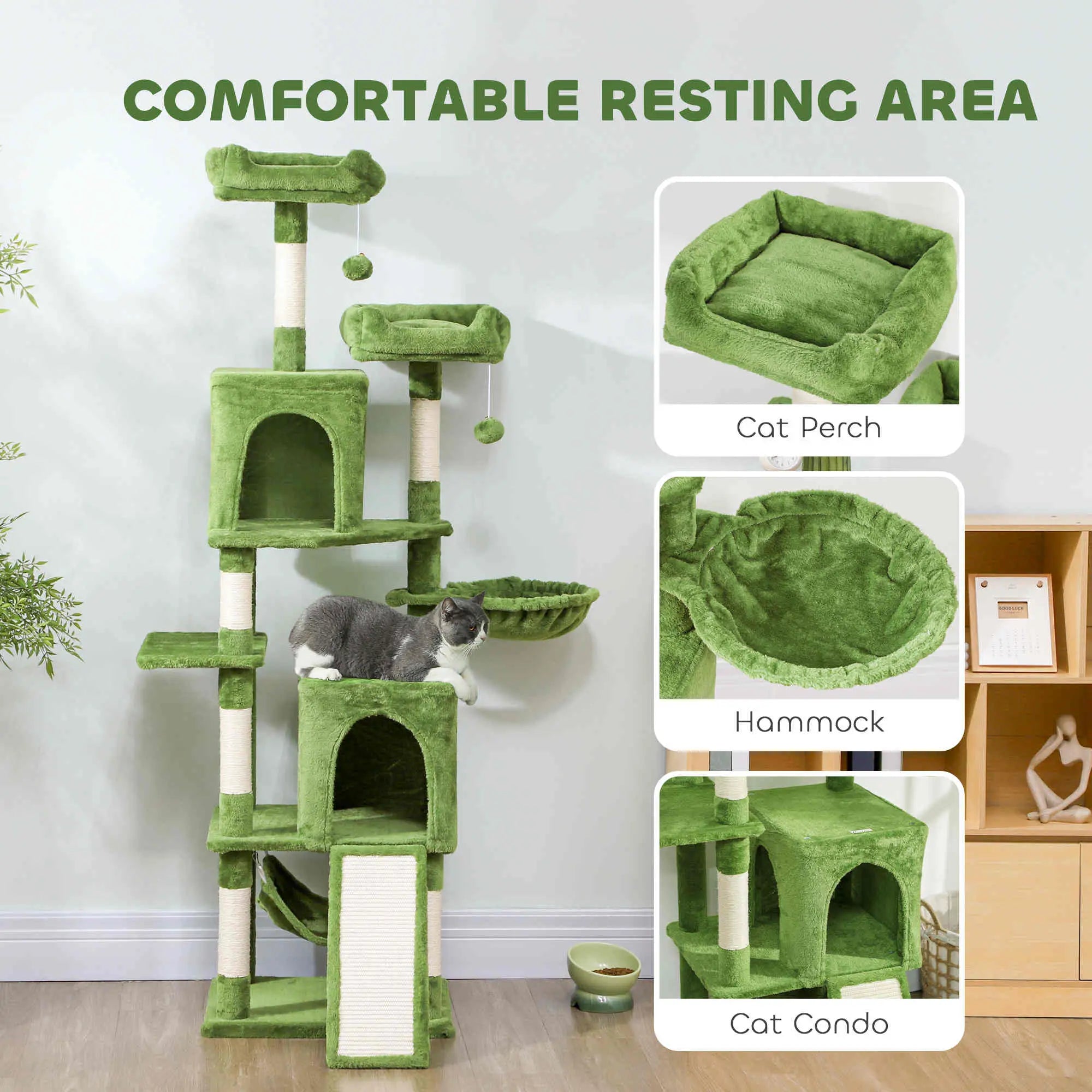 Cat Tree, 70 Inch Multi-Level Tower, 2 Condos, 2 Perches, Hammock, Green Cat Towers at Gallery Canada