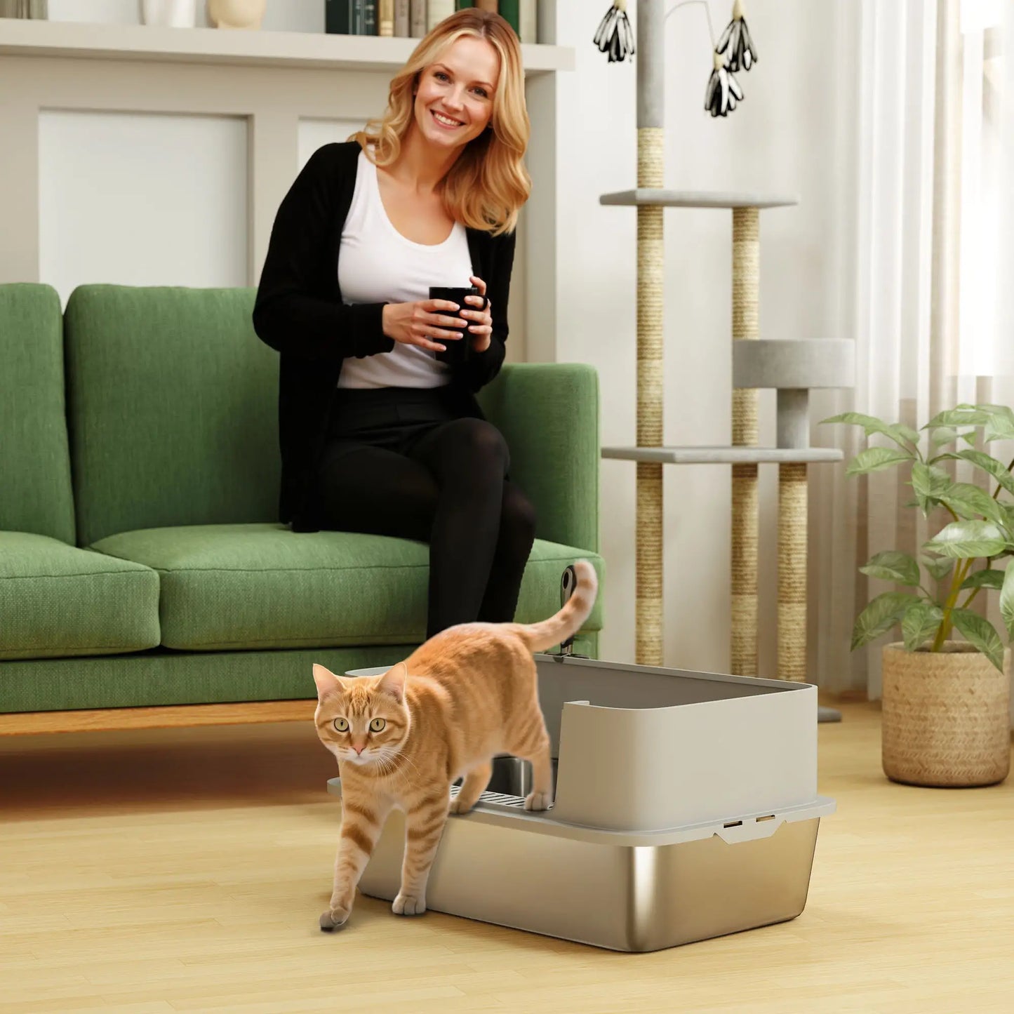 Stainless Steel Cat Litter Box, XL High Sided, 24" x 16" x 12", Grey Cat Litter Box Enclosures at Gallery Canada