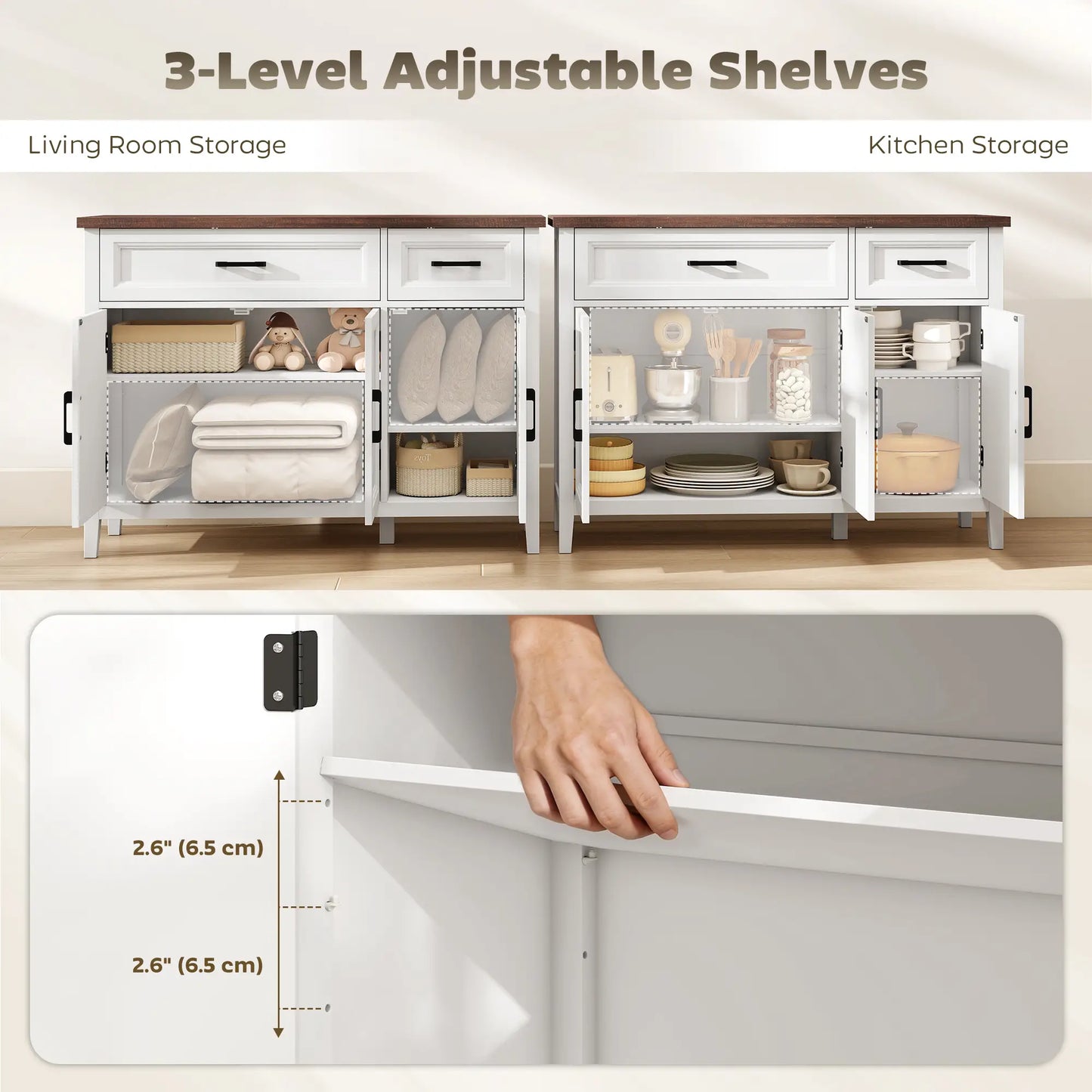 44" Farmhouse Sideboard Buffet Cabinet, 3 Chevron Doors, 2 Drawers, White Storage Cabinets at Gallery Canada