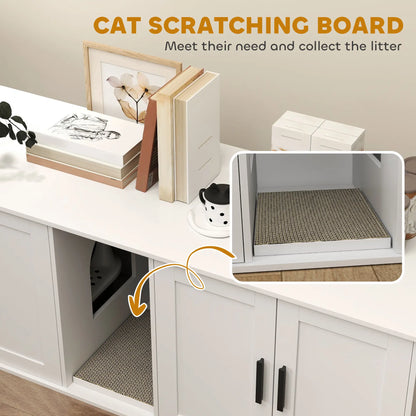 Cat Litter Box Enclosure, Double Room, Scratching Board, 57" x 19" x 20", White Cat Litter Box Enclosures at Gallery Canada