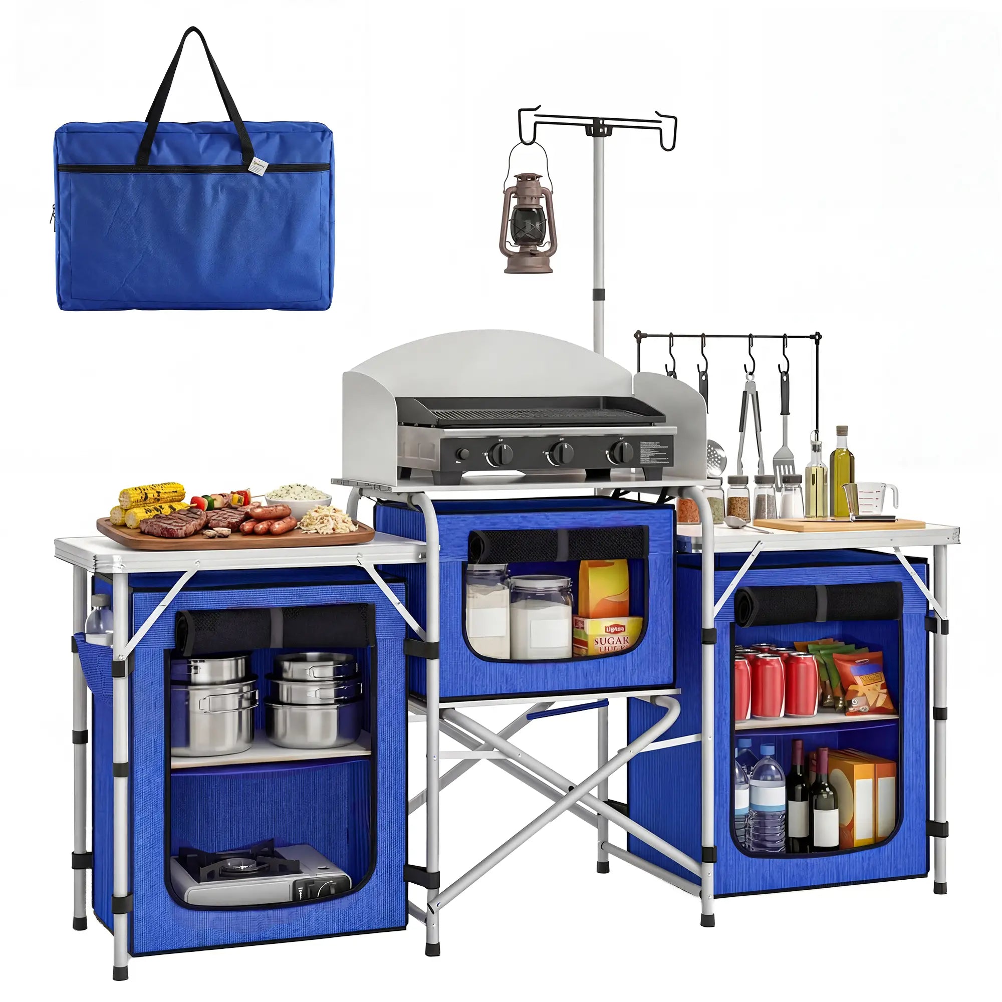 Portable Aluminum Camping Table, Fabric Cupboards, Windshield, Blue Picnic Tables & Camping Chairs Blue, Silver at Gallery Canada