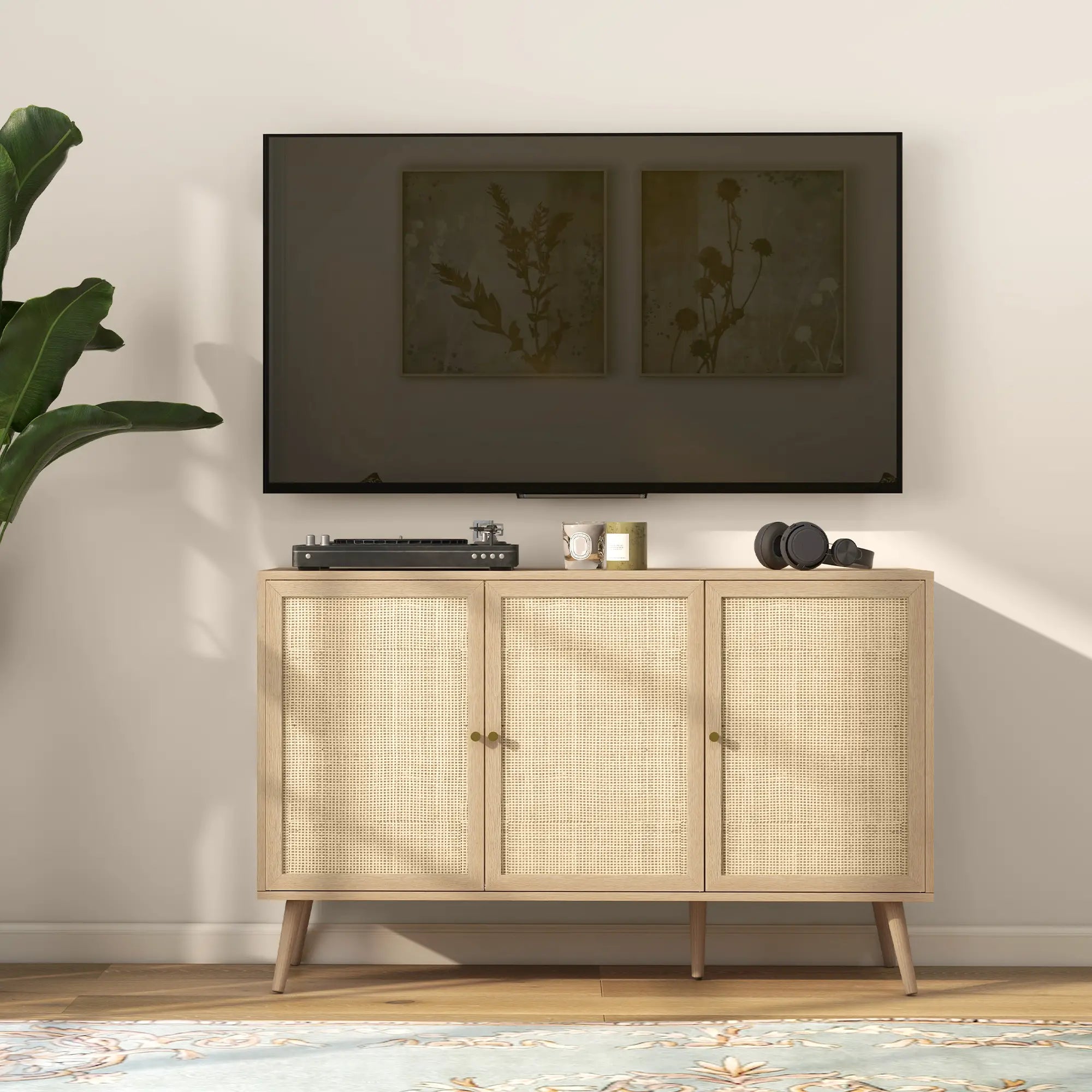 Boho Kitchen Sideboard Cabinet, Shelves, Wood Legs, Rattan Doors, Natural Storage Cabinets at Gallery Canada