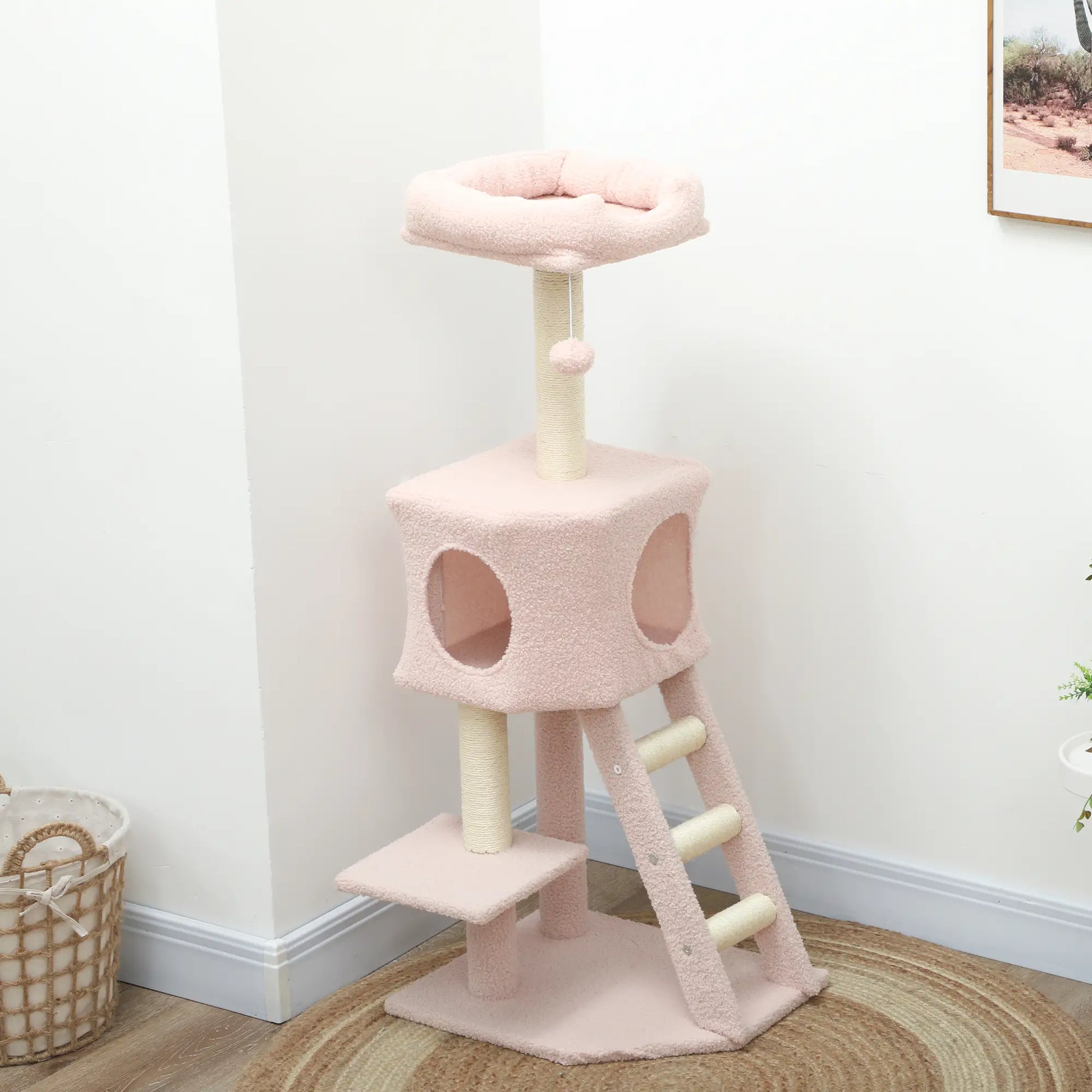 47" Tall Cat Tree Tower, Condo, Ladder, Scratching Posts, Pink Cat Trees at Gallery Canada