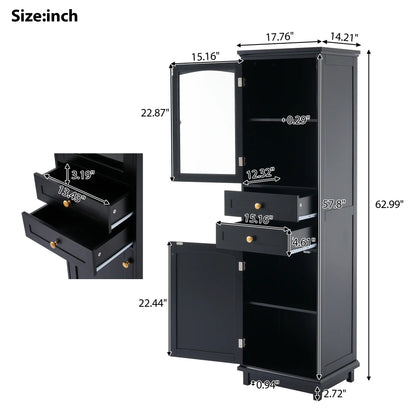 Bathroom Storage Cabinet, Glass Doors, Adjustable Shelves, 18" L x 14" W x 63" H, Black Bathroom Cabinets at Gallery Canada