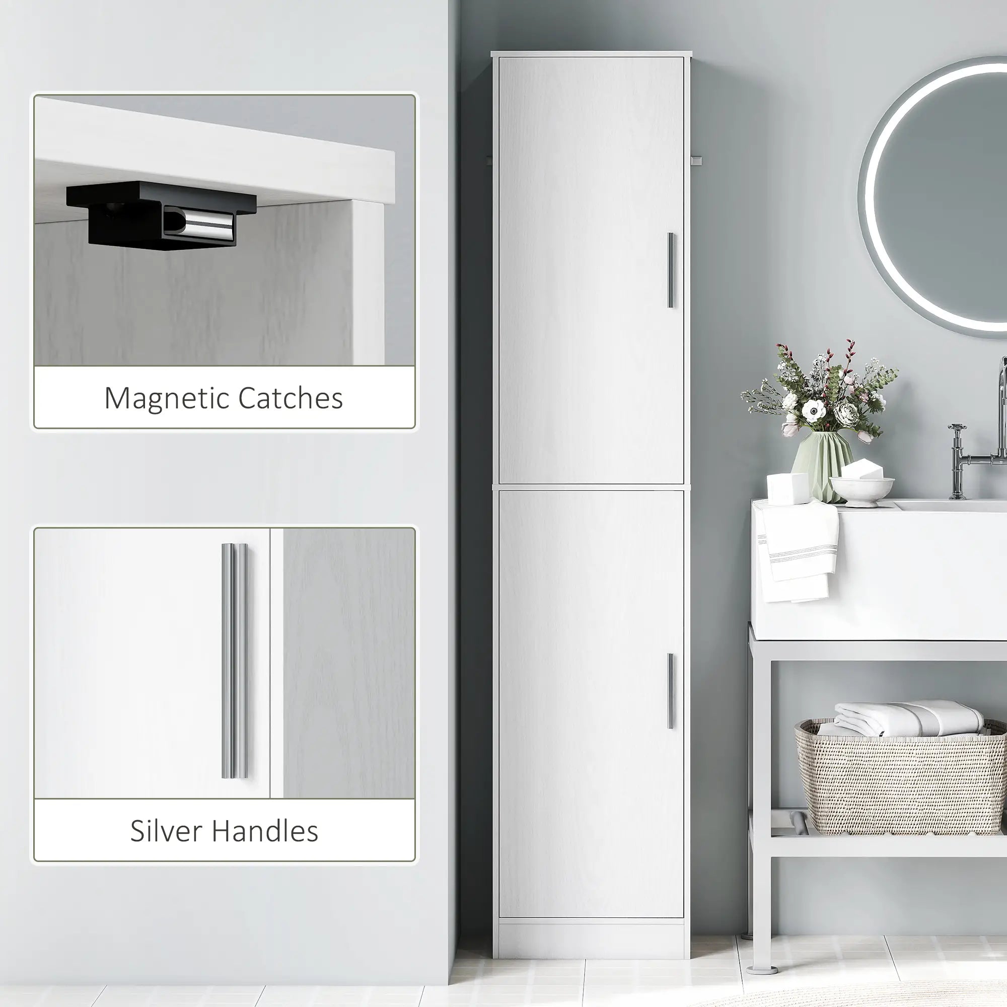 Tall Bathroom Cabinet, Slim Floor Cabinet, 2 Doors, 4 Shelves, White Freestanding Bathroom Cabinets at Gallery Canada