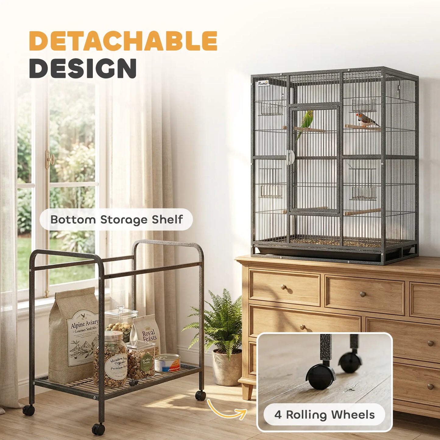 56"H Bird Cage, Parrot Cage w/ Detachable Rolling Stand, Removable Tray, Storage Shelf, Perches, Food Container Bird Cages at Gallery Canada