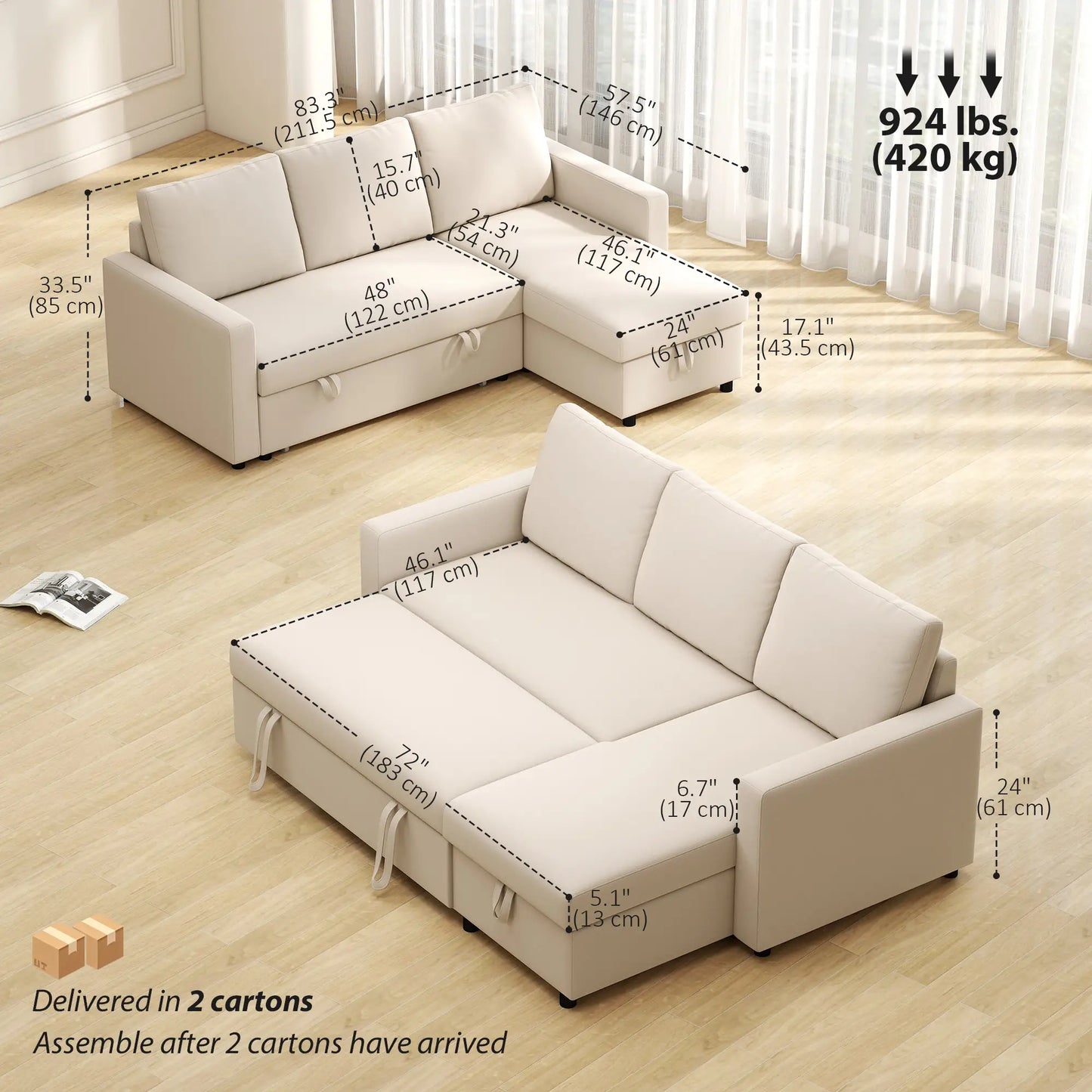 83" Sofa Bed, L Shaped Sectional Couch with Storage Chaise, Cream White