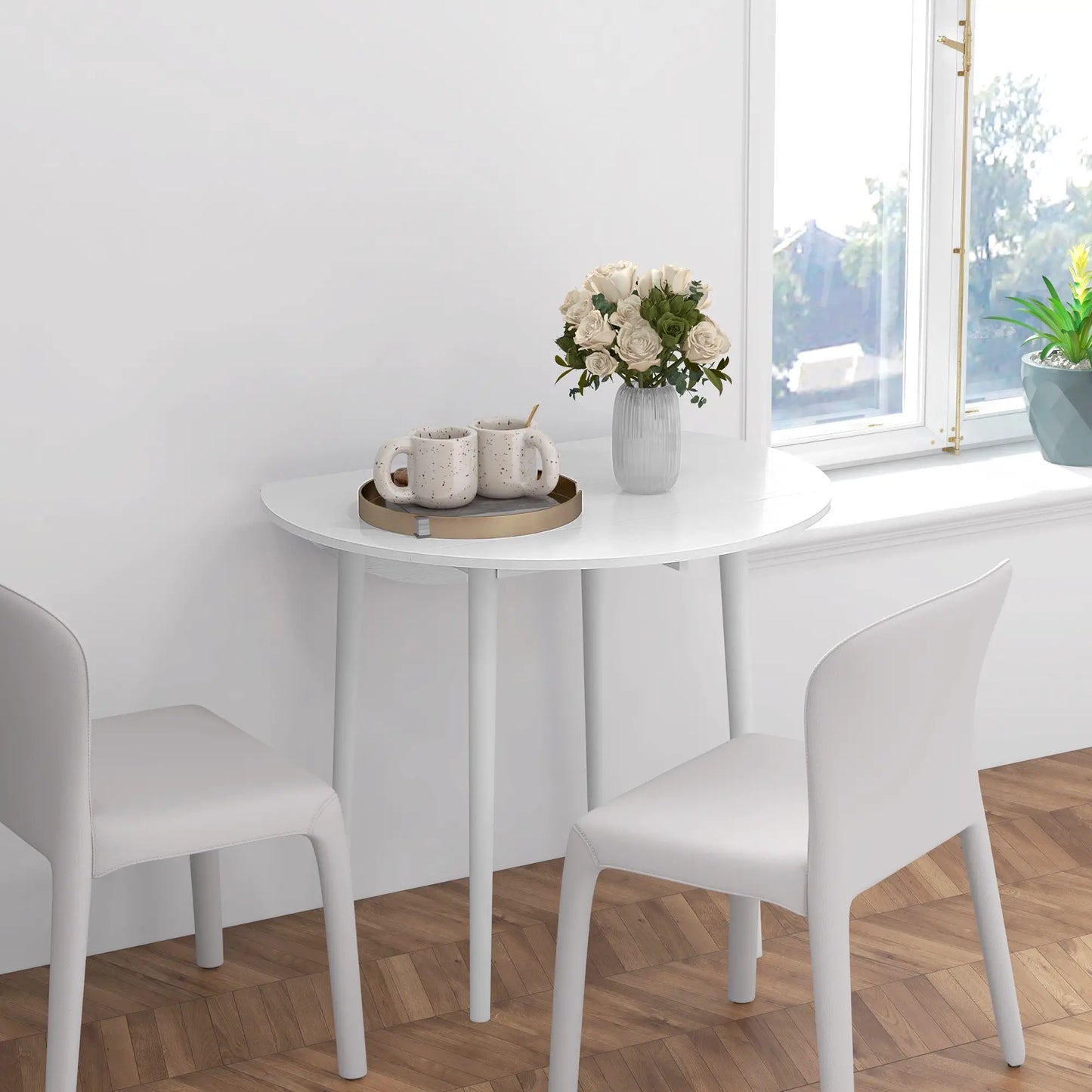 Folding Dining Table, Round Drop Leaf Kitchen Table, Distressed White, White Dining Tables at Gallery Canada