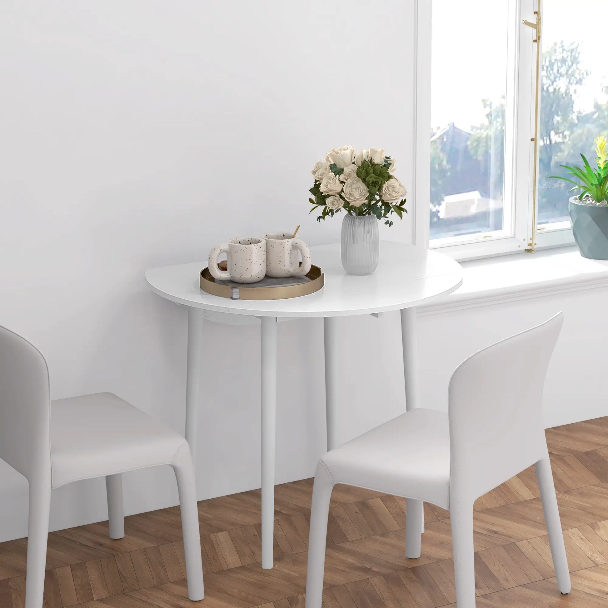 Folding Dining Table, Round Drop Leaf Kitchen Table, Distressed White, White Dining Tables at Gallery Canada