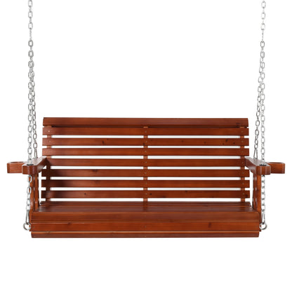 2 Seater Wooden Porch Swing, Patio Chair with Cup Holder, Brown Hanging Porch Swings Brown at Gallery Canada