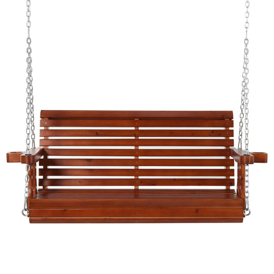2 Seater Wooden Porch Swing, Patio Chair with Cup Holder, Brown Hanging Porch Swings Brown at Gallery Canada
