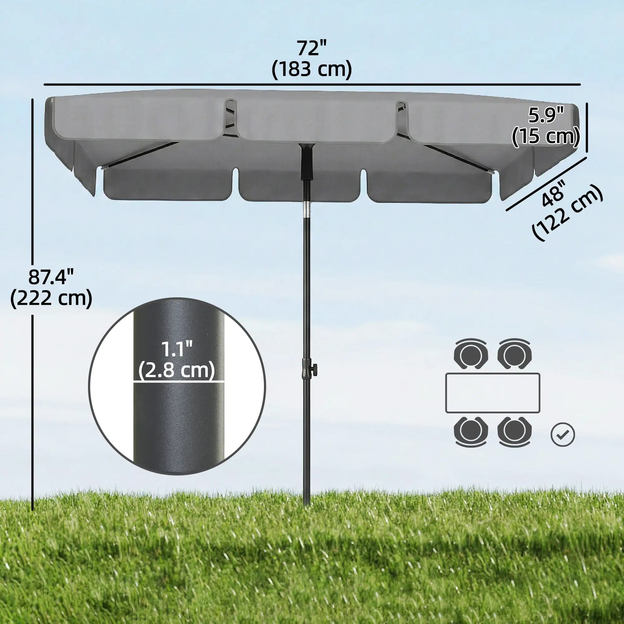 6' x 4' Grey Patio Umbrella, Tilt Crank, Rectangular Outdoor, Grey Sun Umbrellas at Gallery Canada
