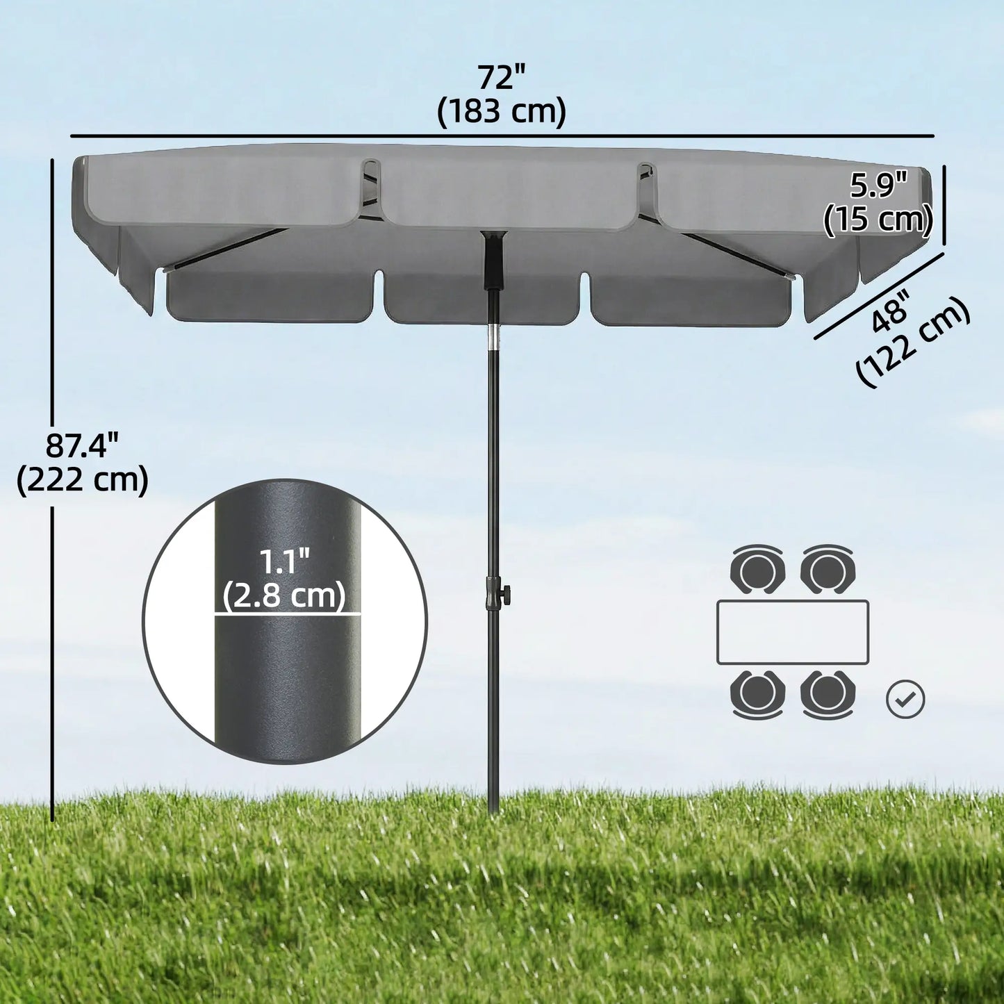 6' x 4' Grey Patio Umbrella, Tilt Crank, Rectangular Outdoor, Grey Sun Umbrellas at Gallery Canada