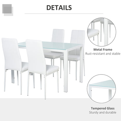 Dining Table Set for 4, 5-Piece Rectangular Glass Kitchen Table and Chairs with Metal Frame and Faux Leather Upholstery for Dining Room, Living Room, White - Gallery Canada
