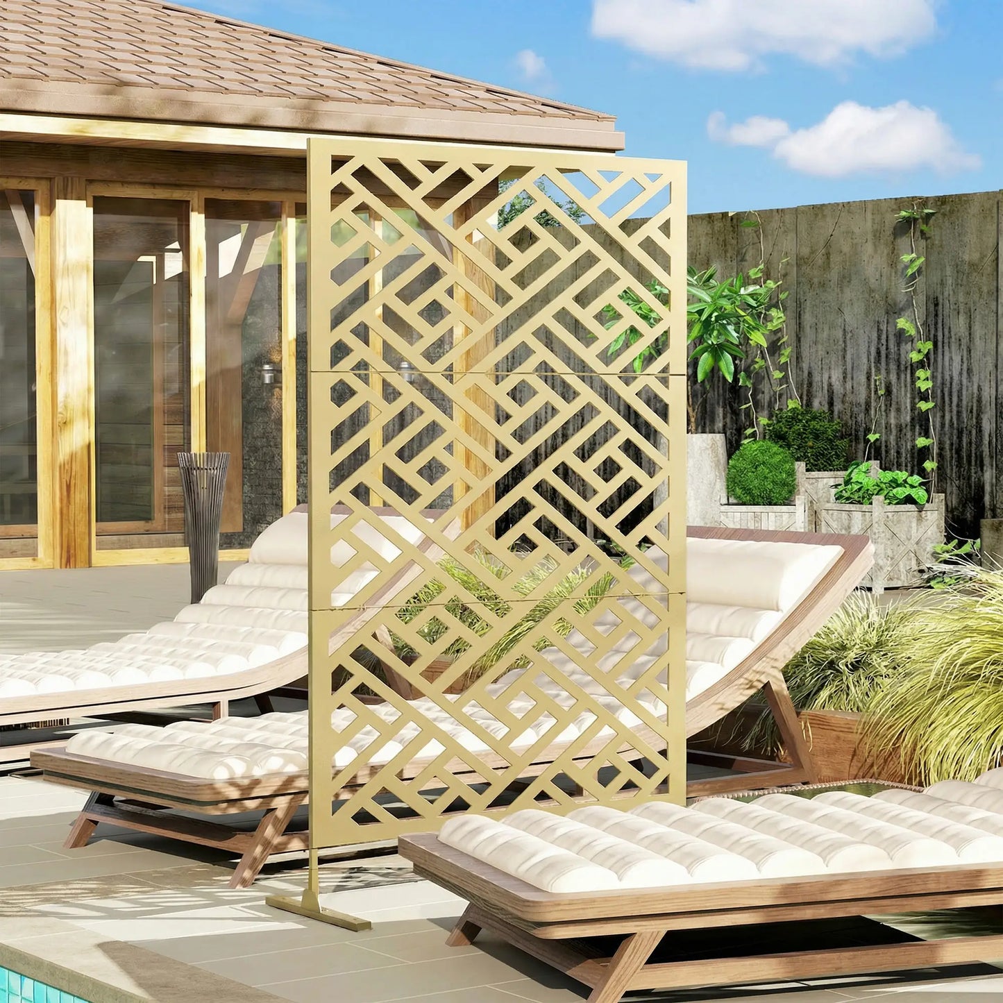 Metal Outdoor Privacy Screen, Freestanding Divider, 79" x 47", Gold Side Awnings at Gallery Canada