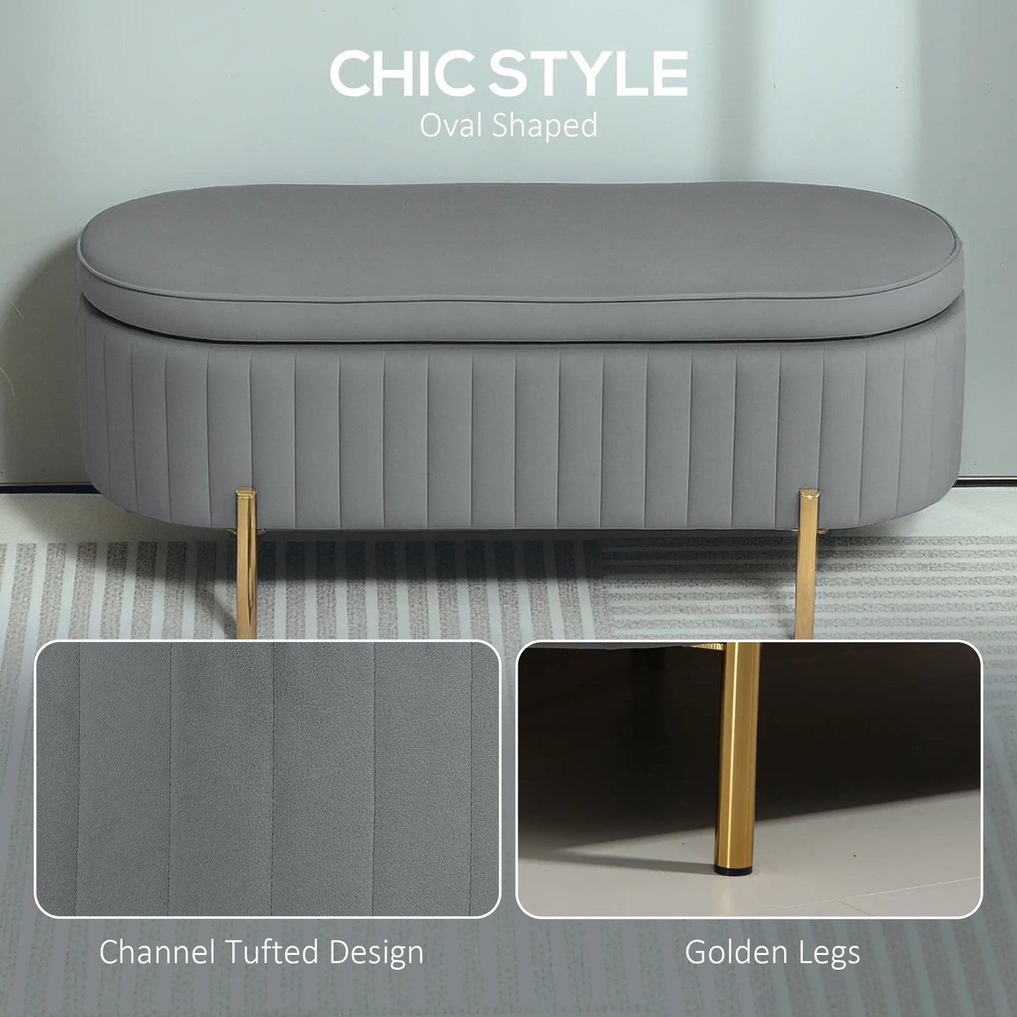 Upholstered Channel Tufted Ottoman Bench, Thick Padding, Metal Legs, Grey Storage Ottomans & Benches at Gallery Canada