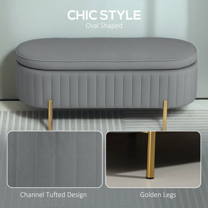 Upholstered Channel Tufted Ottoman Bench, Thick Padding, Metal Legs, Grey Storage Ottomans & Benches at Gallery Canada