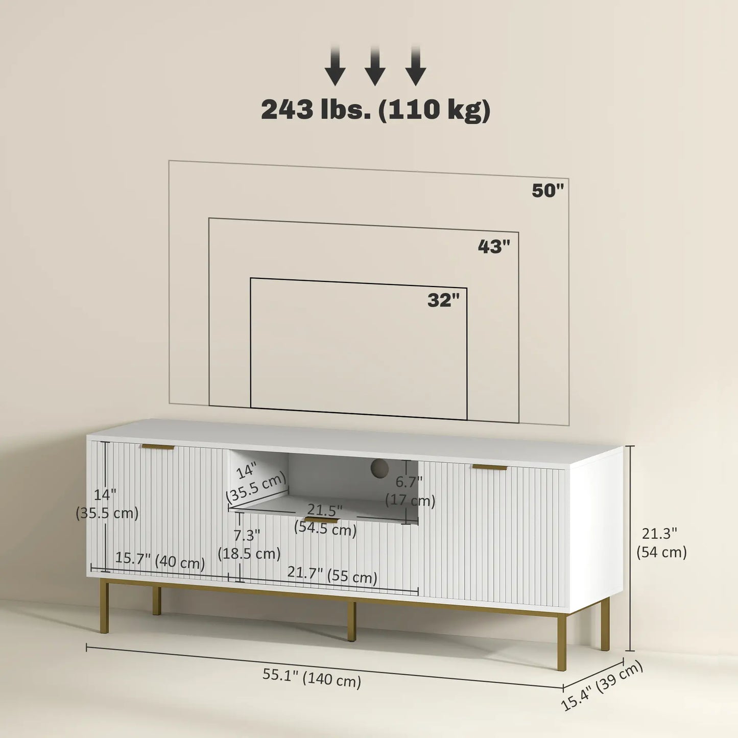 TV Console For 50 Inch TVs, Smart RGB LED Lights, Soft Close Doors, White