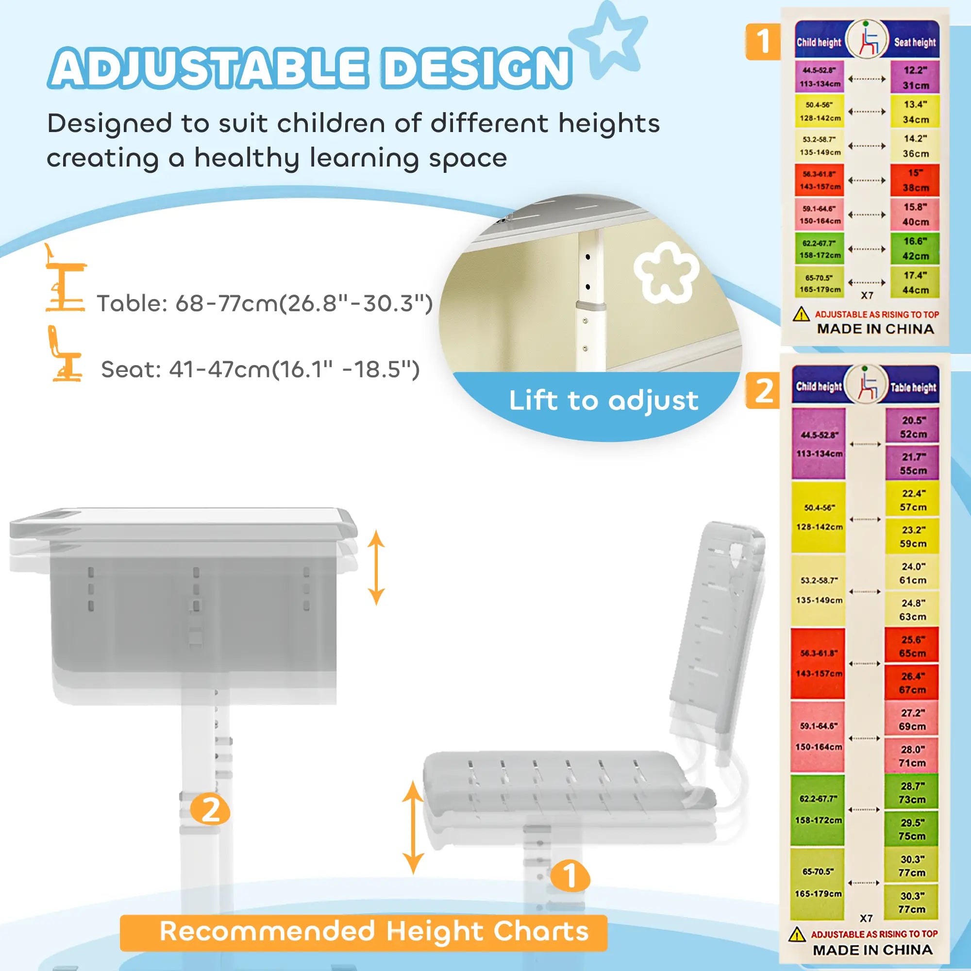 Kids Desk And Chair Set, Height Adjustable, With Drawer, Grey Kids Desk Sets at Gallery Canada