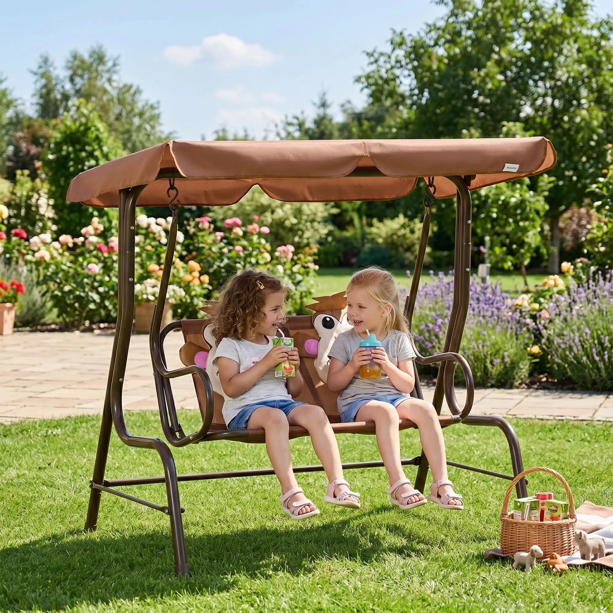 2-Seat Kids Porch Swing, Adjustable Canopy, Seat Belt, Monkey Pattern, 3-6 Years, Coffee Gym Sets & Swings at Gallery Canada
