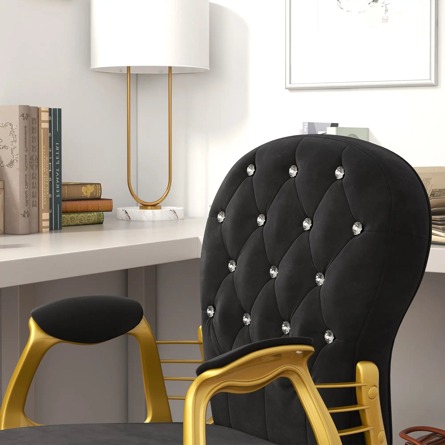 Velvet Office Desk Chair, Button Tufted, Swivel Wheels, Adjustable Height, Black Task Chairs at Gallery Canada