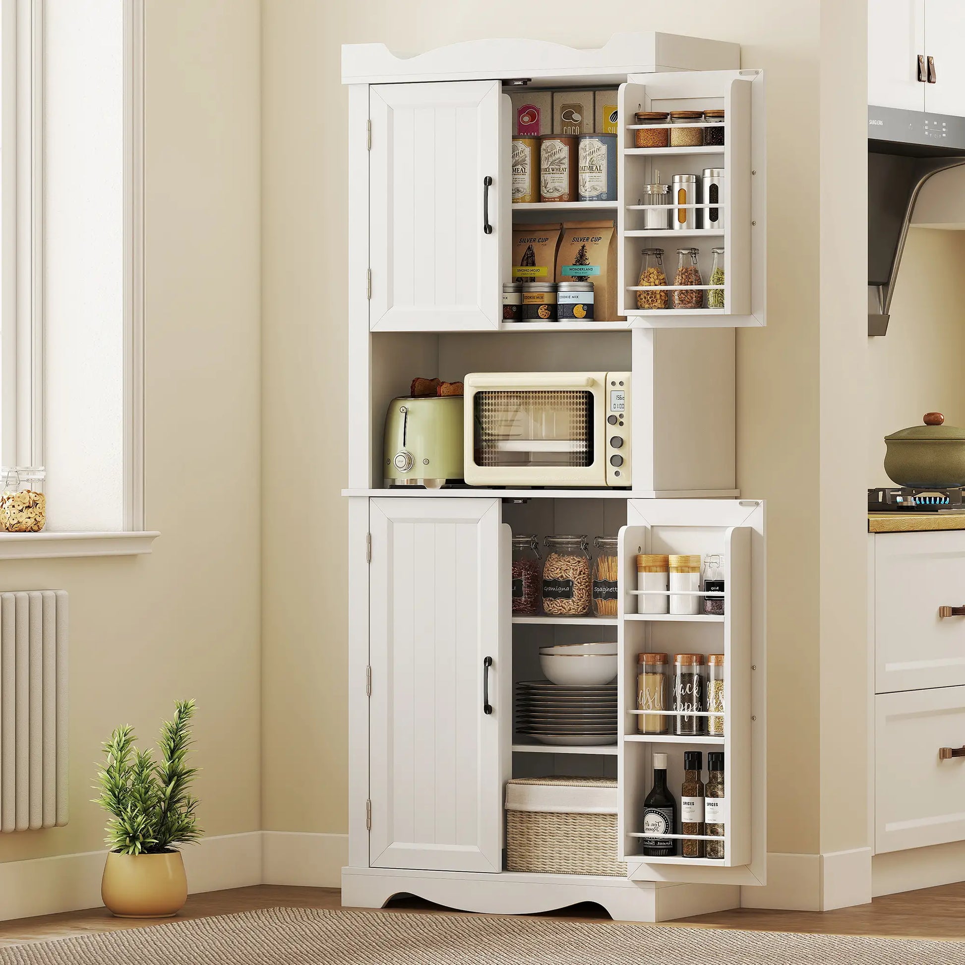 73 Inch Kitchen Pantry Cabinet, Adjustable Shelves, Microwave Stand, White Kitchen Pantry Cabinets at Gallery Canada