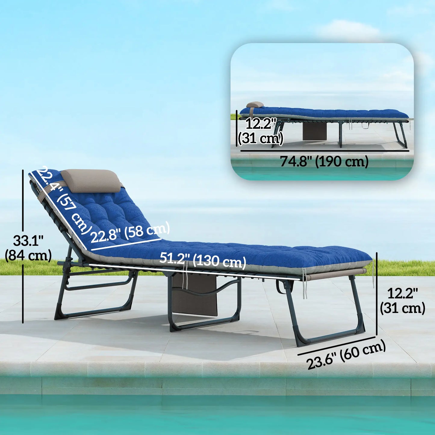 Folding Chaise Lounge Chair Set Of 2, With Cushion And Side Pocket, Brown/Blue Lounger Chairs at Gallery Canada