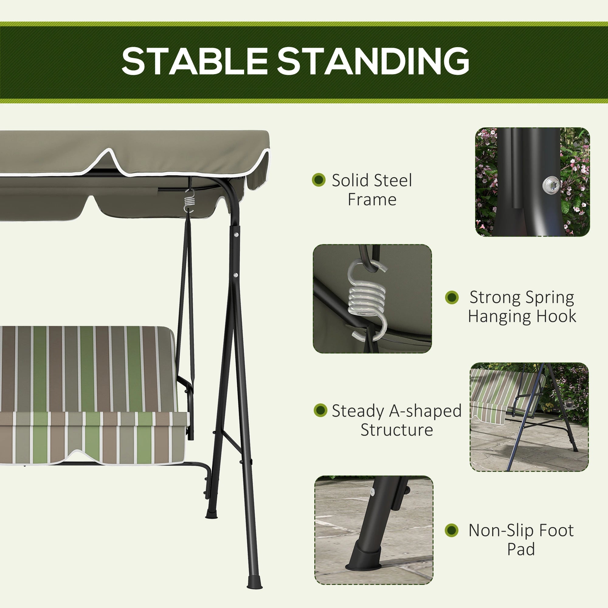 3-Seater Outdoor Porch Swing, Adjustable Canopy, Brown, Green Patio Swings with Stand at Gallery Canada