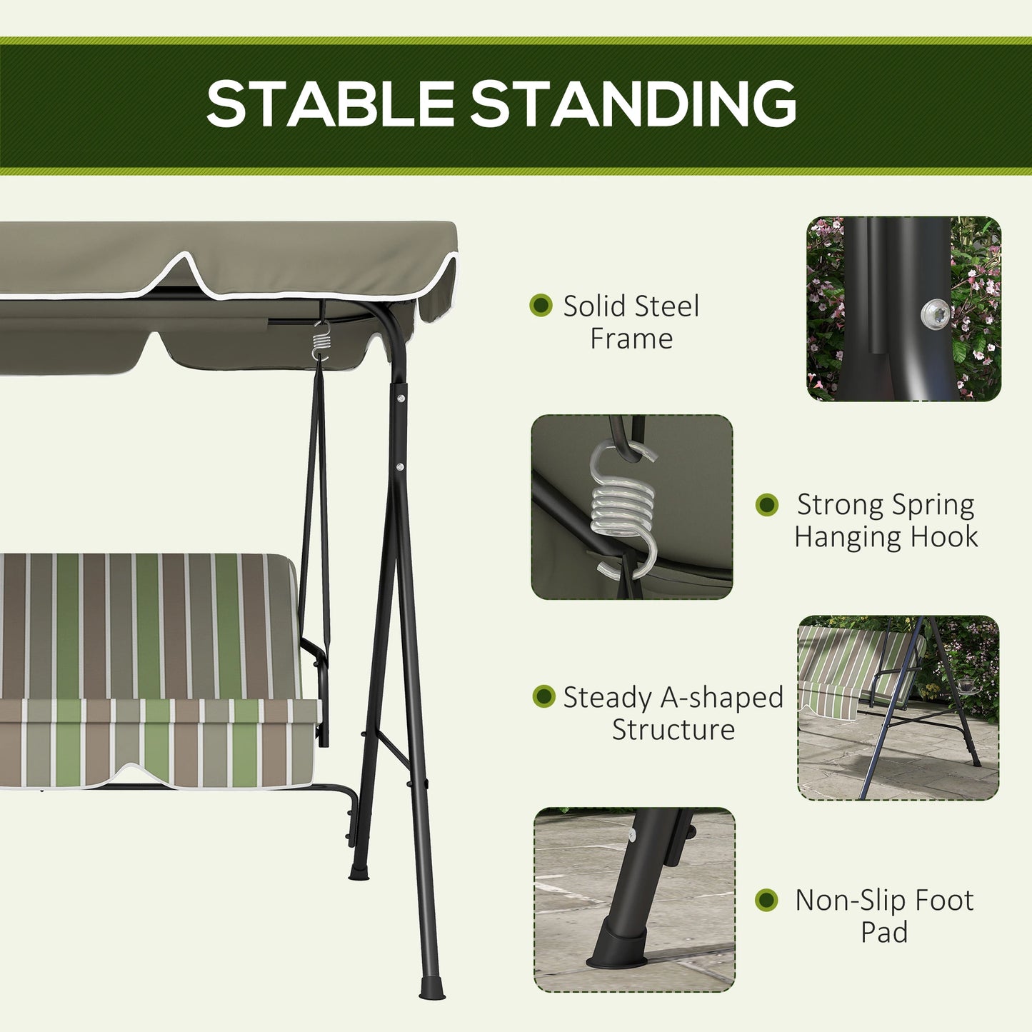 3-Seater Outdoor Porch Swing, Adjustable Canopy, Brown, Green Patio Swings with Stand at Gallery Canada