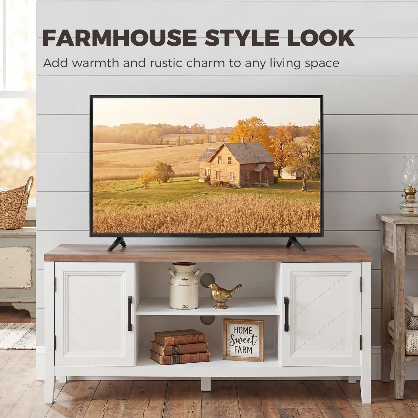TV Stand for 55 Inch TV, Entertainment Center with Shelves, White and Brown TV Stands at Gallery Canada