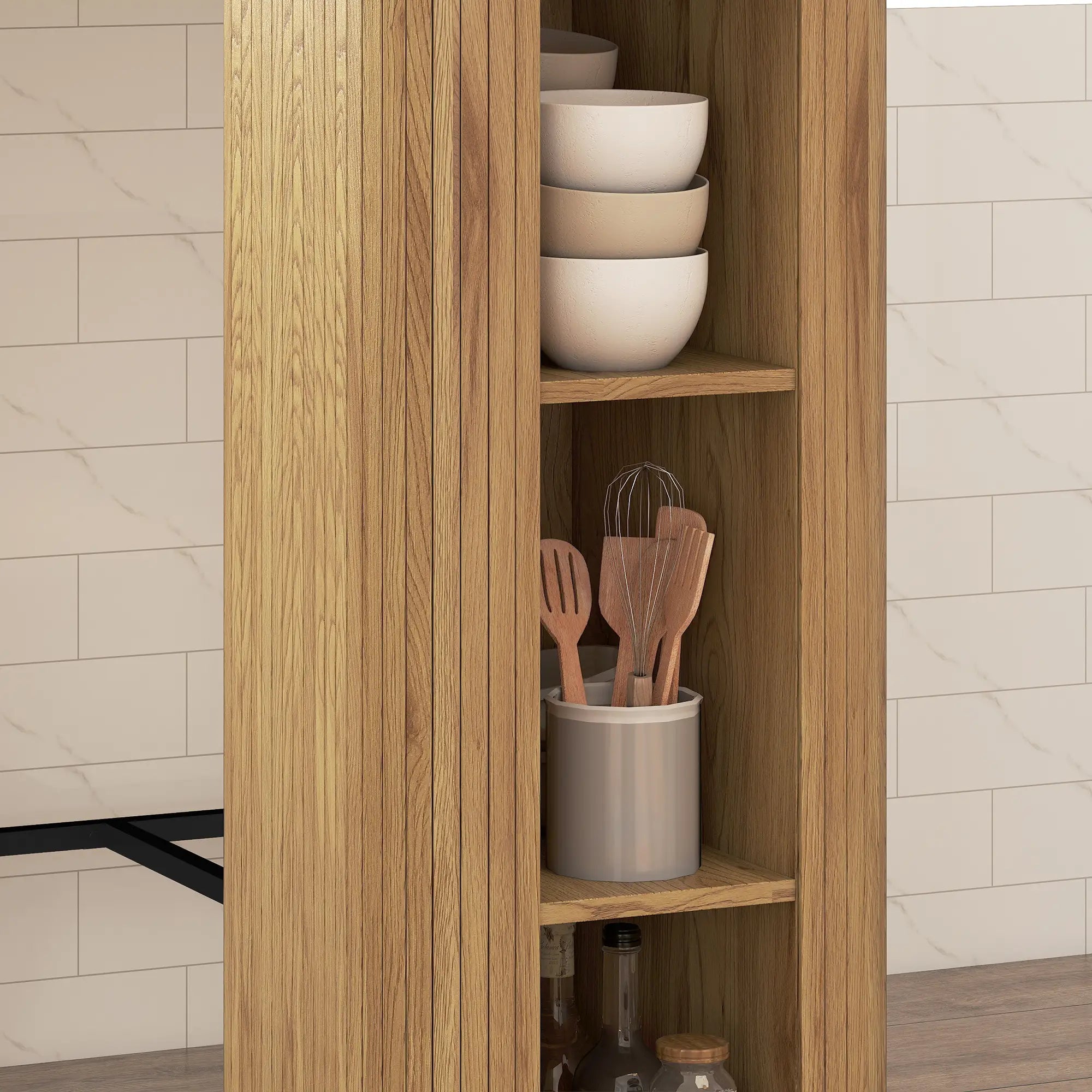 Tambour Bar Height Table, 3 Storage Shelves, Metal Frame, Natural Bar Tables at Gallery Canada