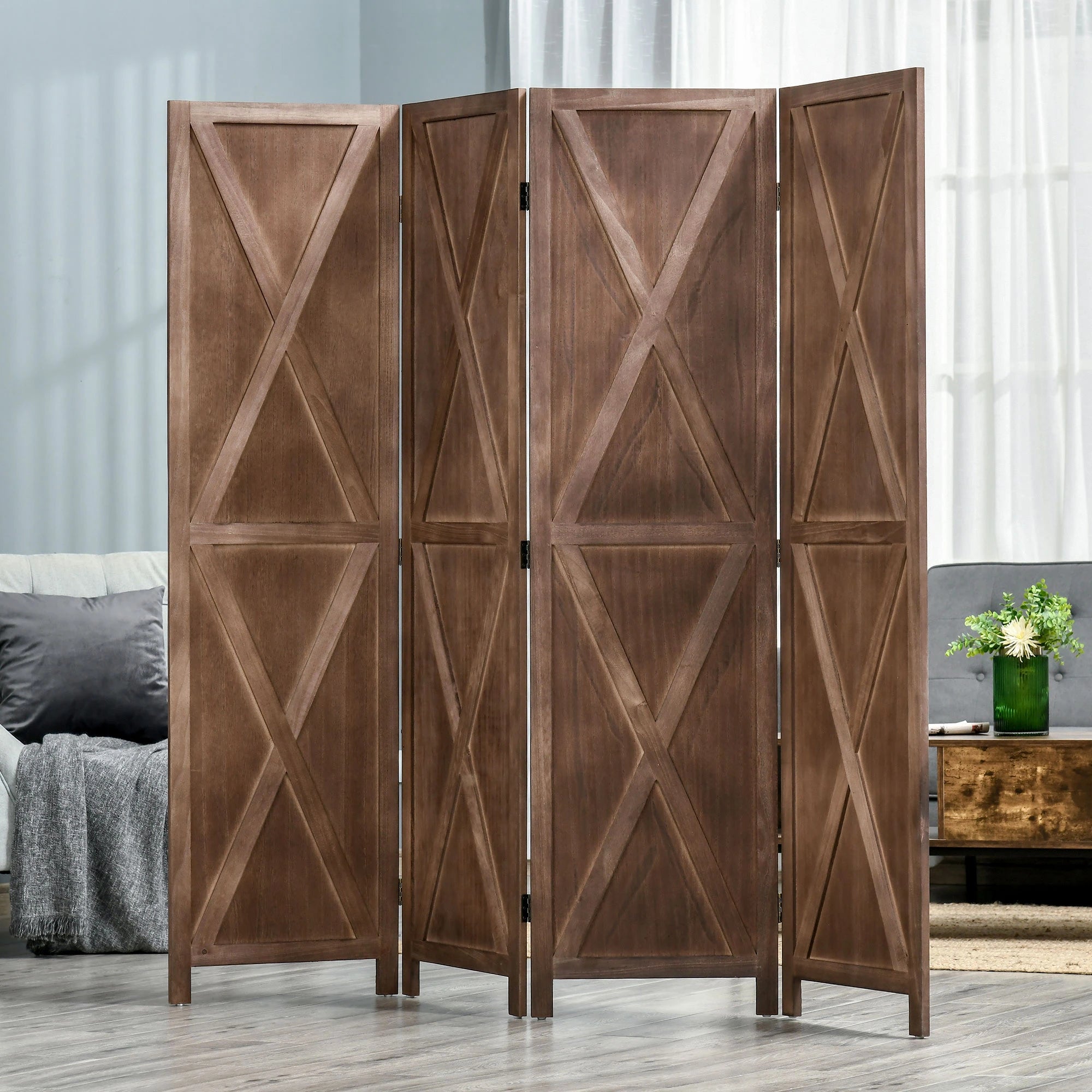 4-Panel Farmhouse Room Divider, Foldable Wooden Frame 5.6FT, Walnut Room Dividers at Gallery Canada