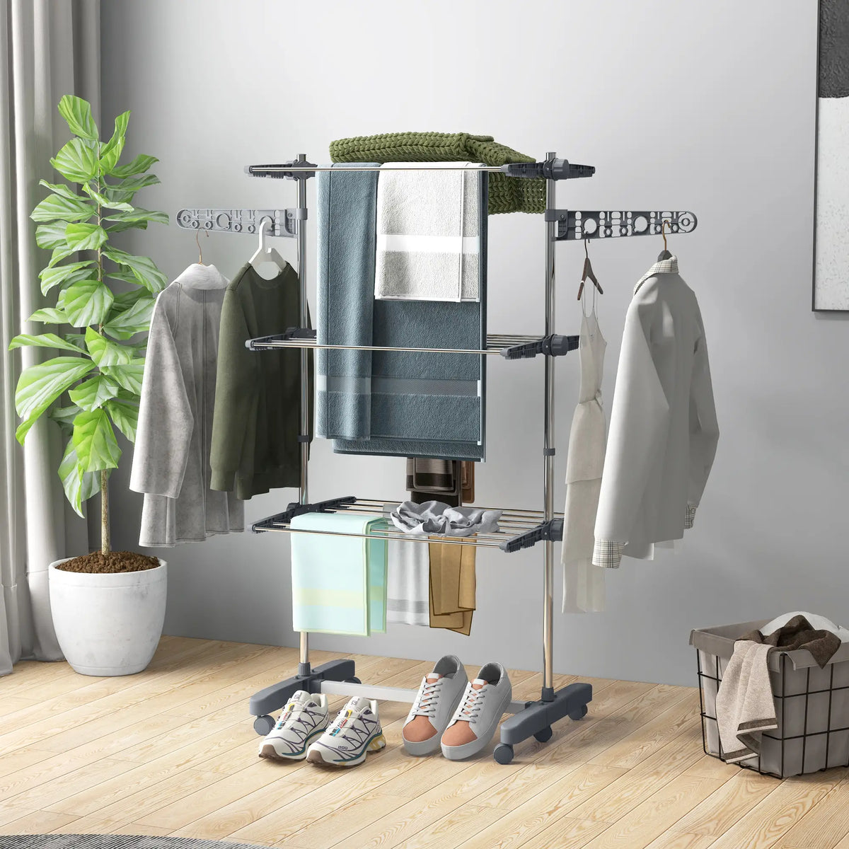 3-Tier Foldable Clothes Drying Rack, Stainless Steel, 6 Castors, Grey Bath Accessories at Gallery Canada