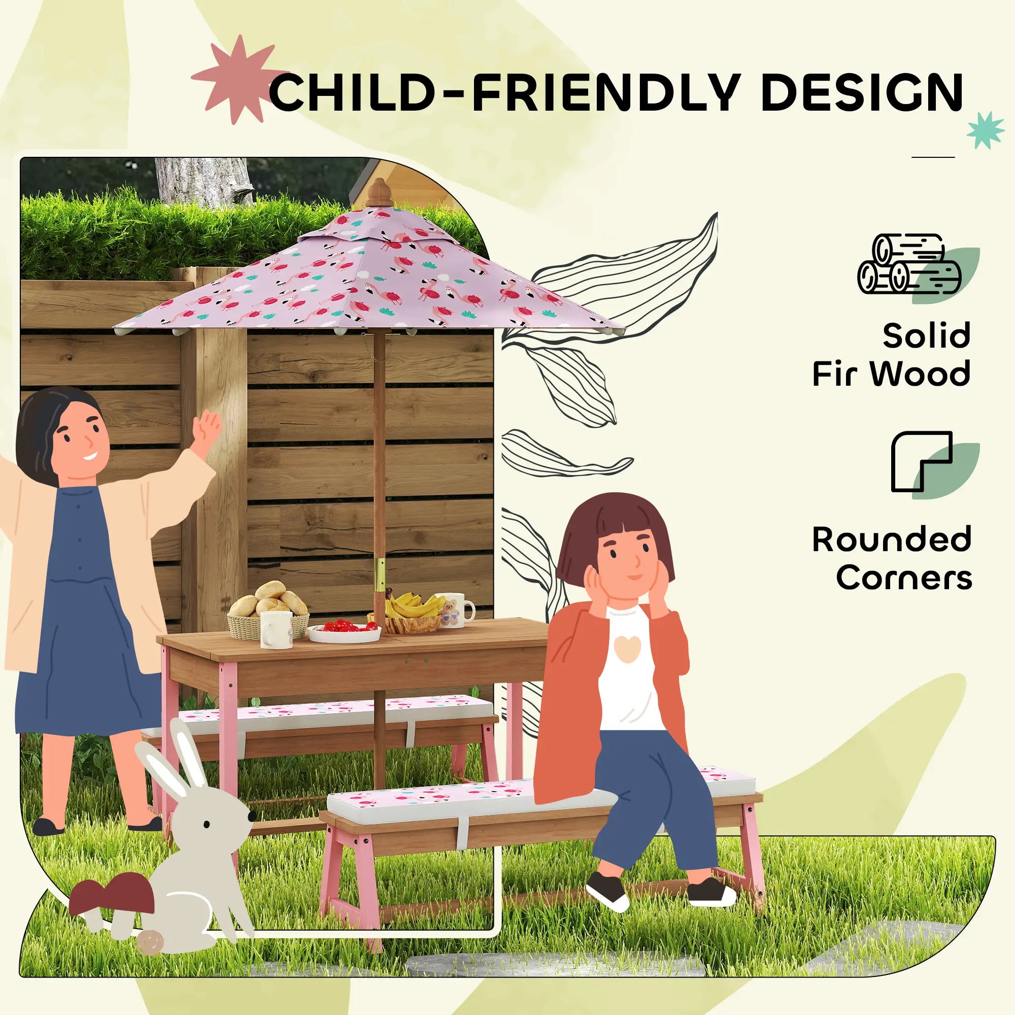 Kids Picnic Table With Bench, Removable Umbrella, Flamingo Theme, Pink Kids Outdoor Furniture at Gallery Canada
