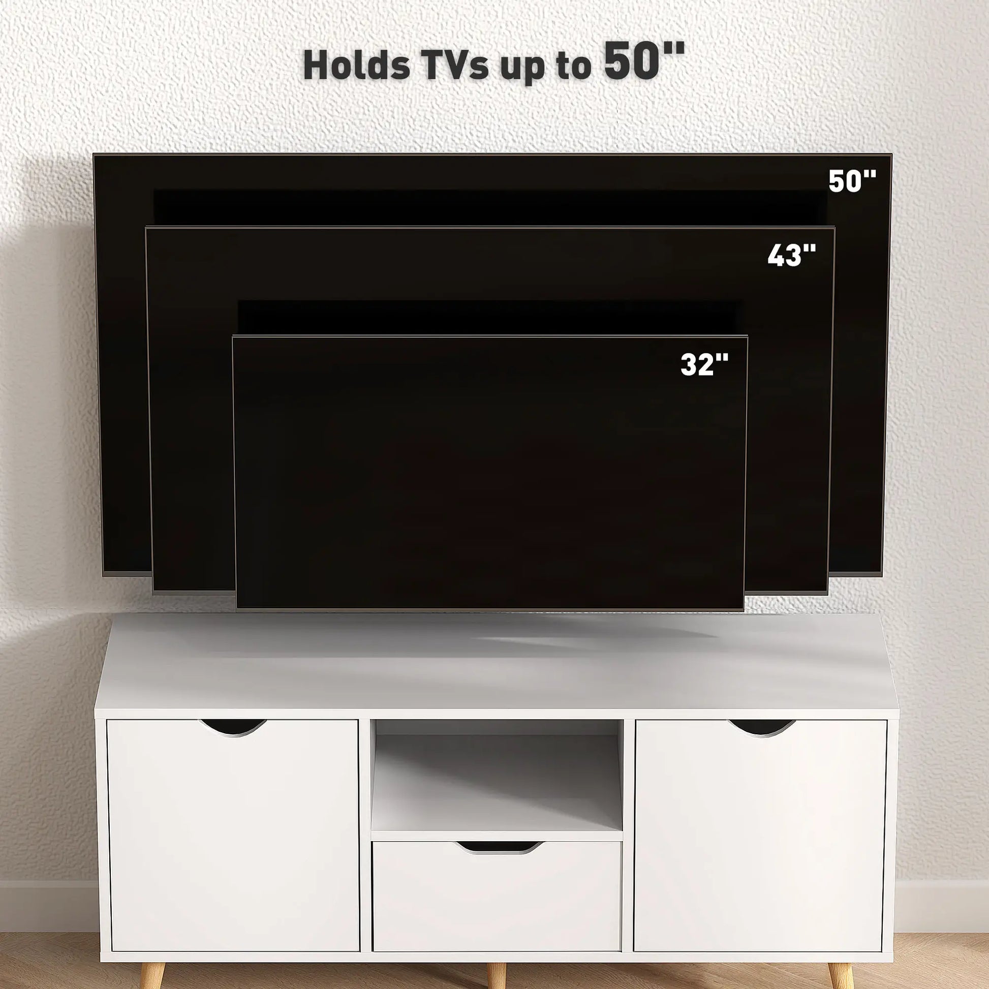 TV Stand for 50" TV, Storage with Shelf, Drawer, 2 Cabinets, White TV Stands at Gallery Canada